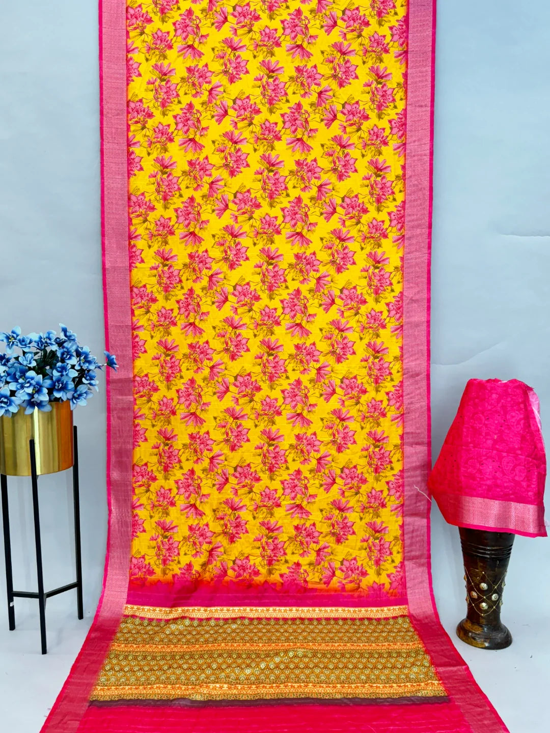 Lemon Yellow Silk Saree with Pink Border