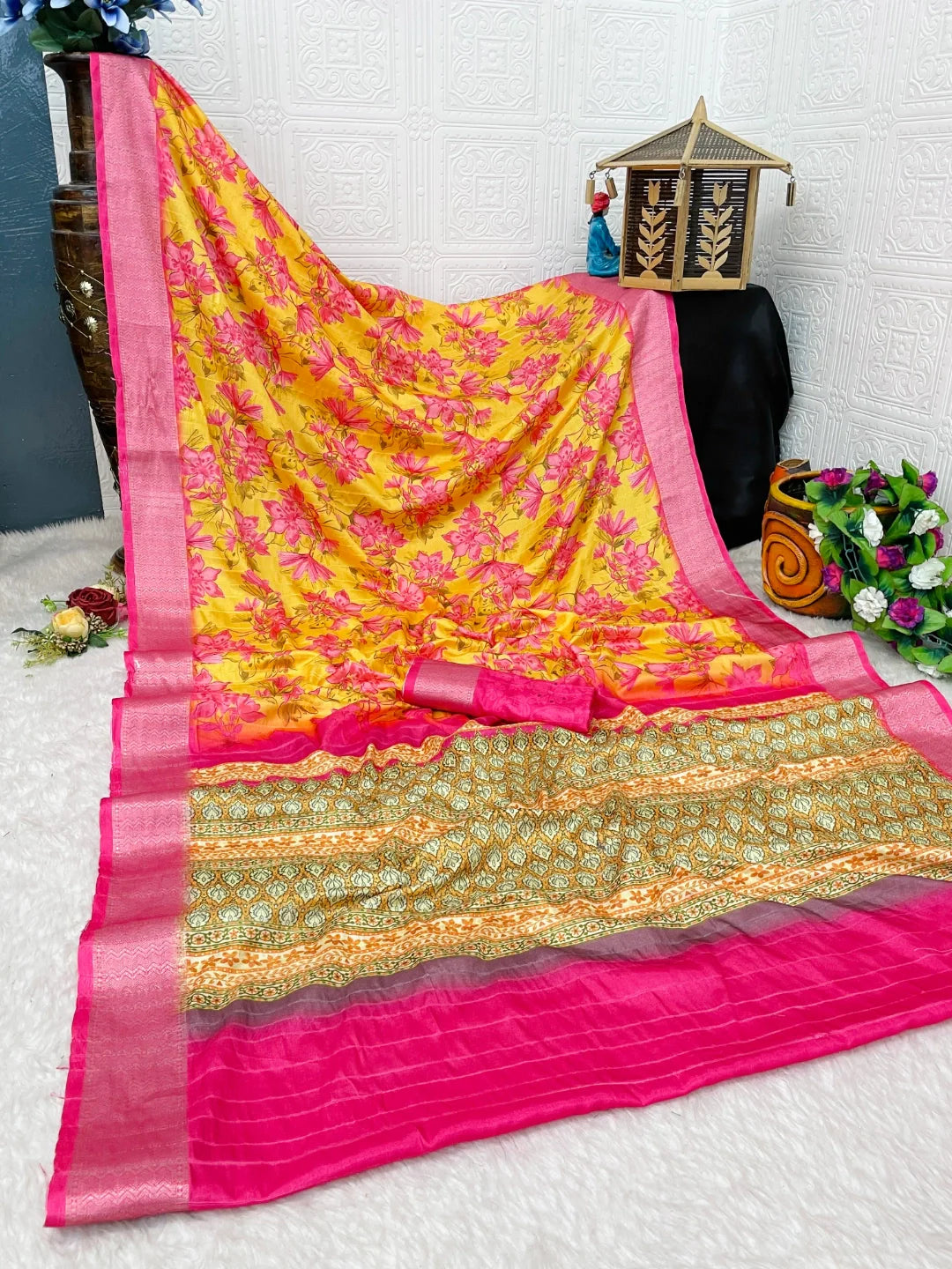 Lemon Yellow Silk Saree with Pink Border