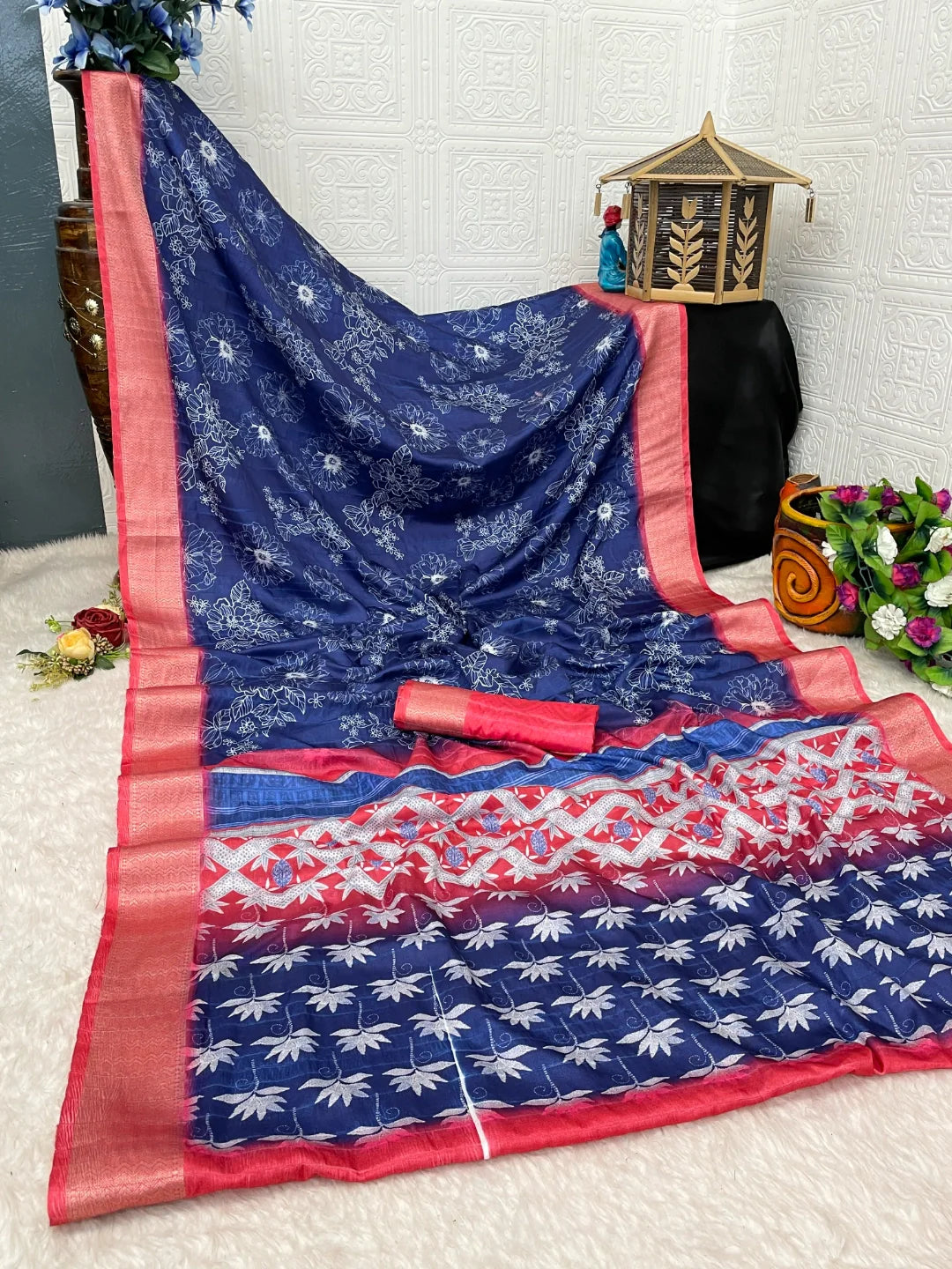 Navy Blue Silk Saree with Red Border