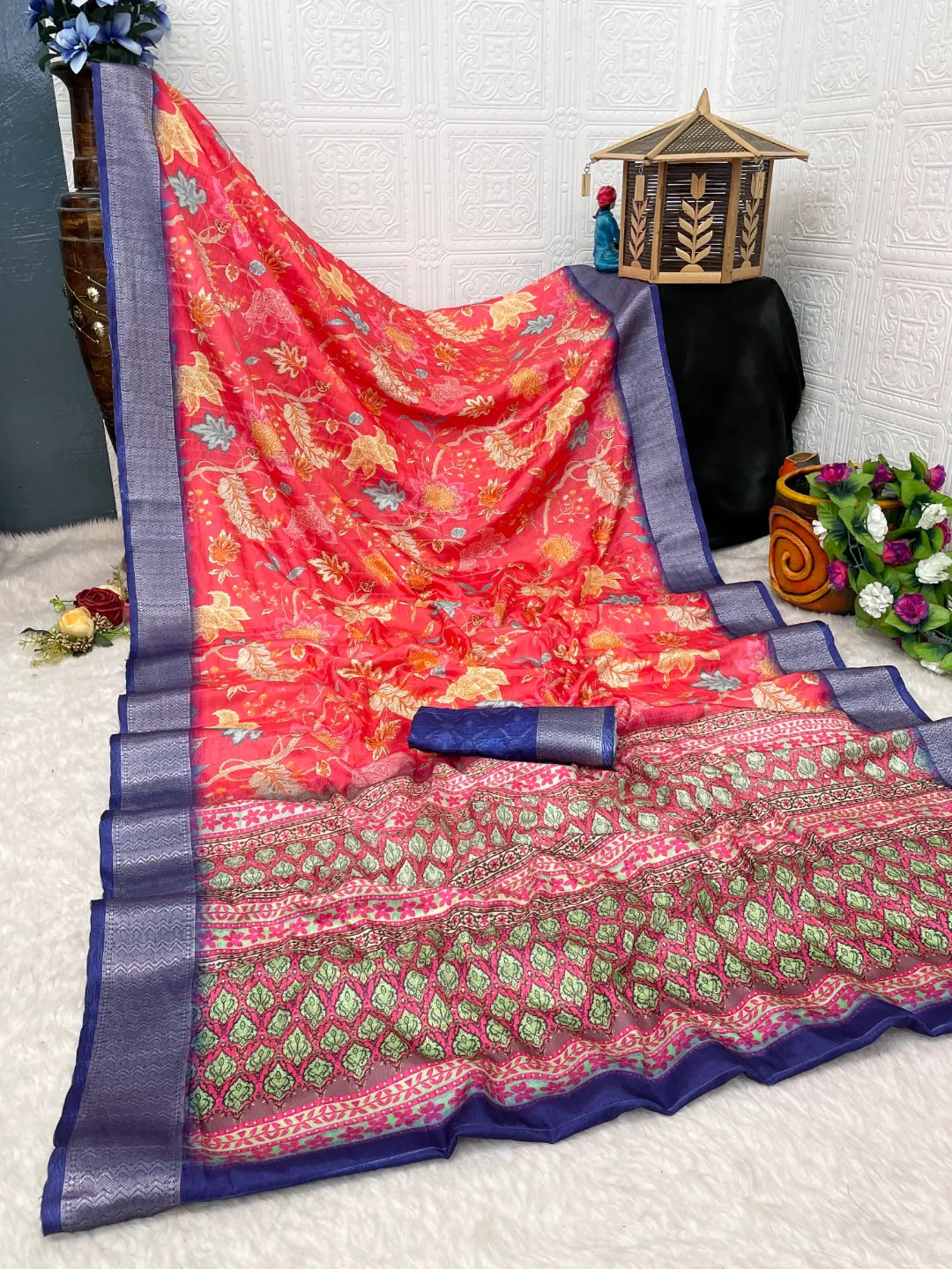 Orange Silk Saree with Purple Border