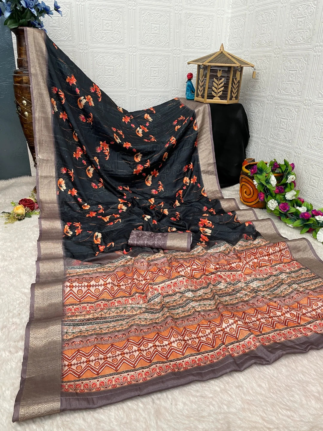 Black Floral Silk Saree