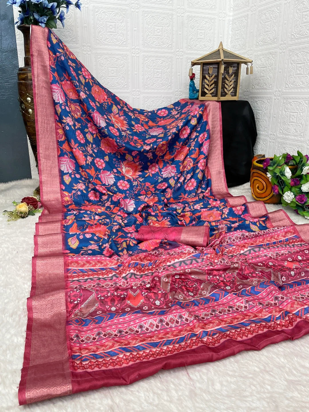 Dark Pink and Blue Silk Saree