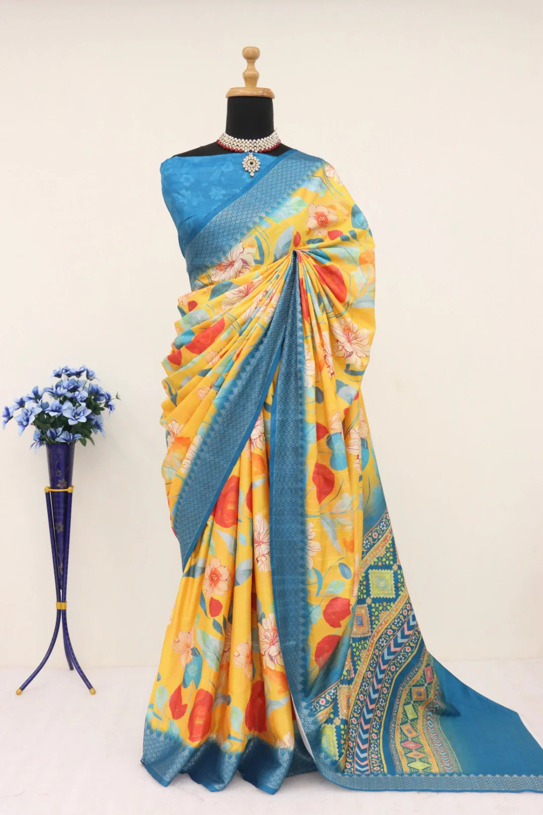 Lemon Yellow Saree with Blue Border