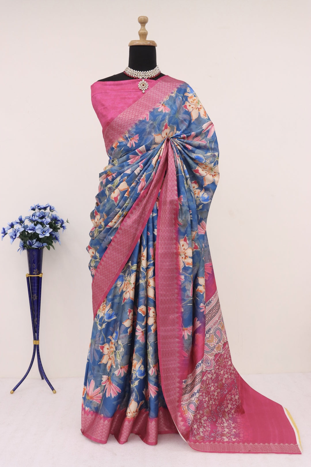 Blue and pink combination Saree