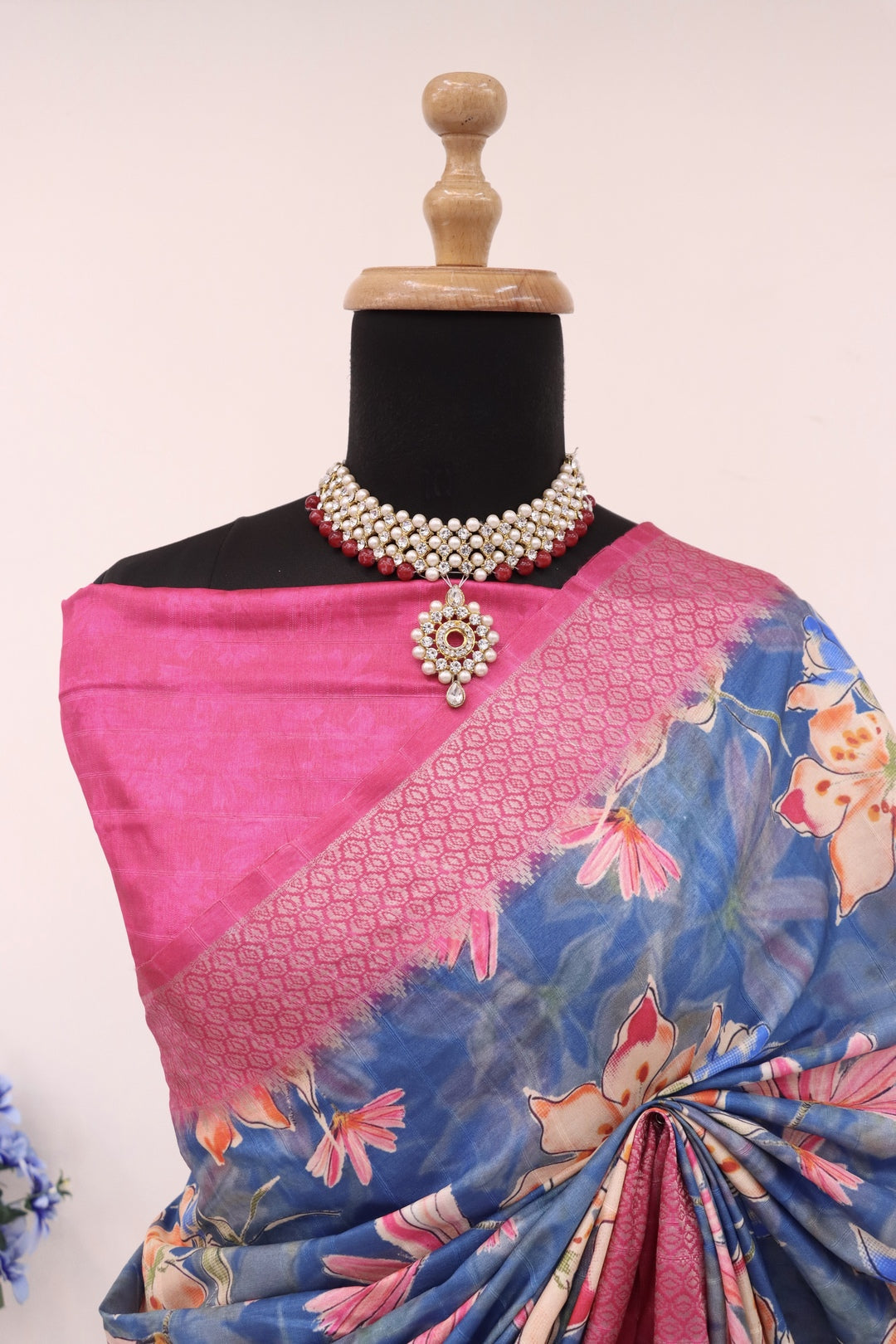 Blue and pink combination Saree