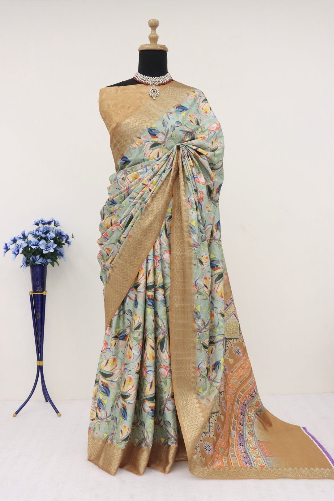 Green & Gold Printed Saree