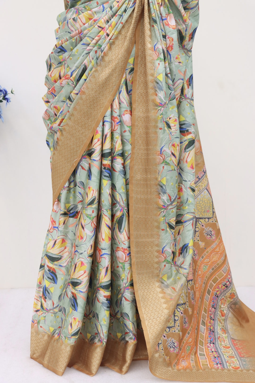 Green & Gold Printed Saree