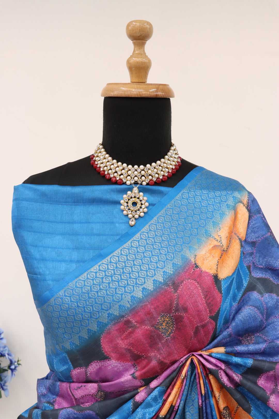 Floral Blue Printed Silk Saree