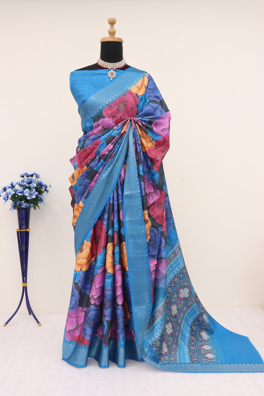 Floral Blue Printed Silk Saree