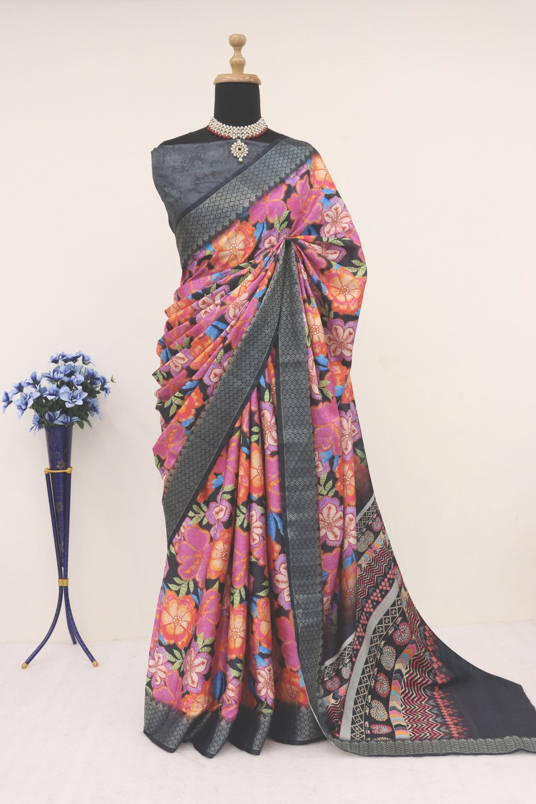 Dark Grey Dola Silk Digitally Printed Saree Weaved With Attractive Lace Comes With Tassels