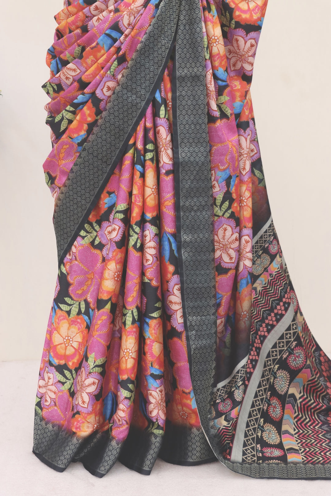 Dark Grey Dola Silk Digitally Printed Saree Weaved With Attractive Lace Comes With Tassels