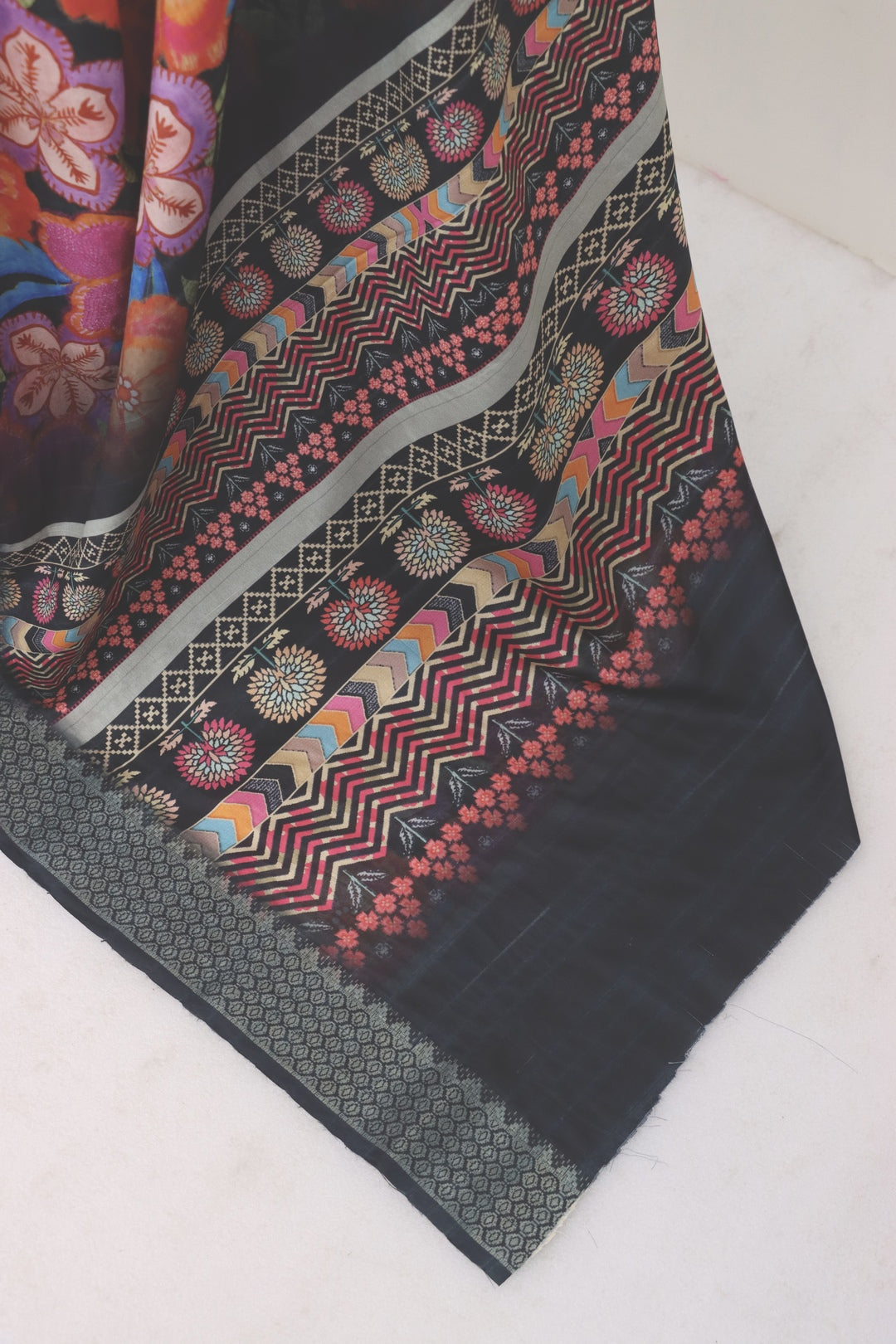 Dark Grey Dola Silk Digitally Printed Saree Weaved With Attractive Lace Comes With Tassels