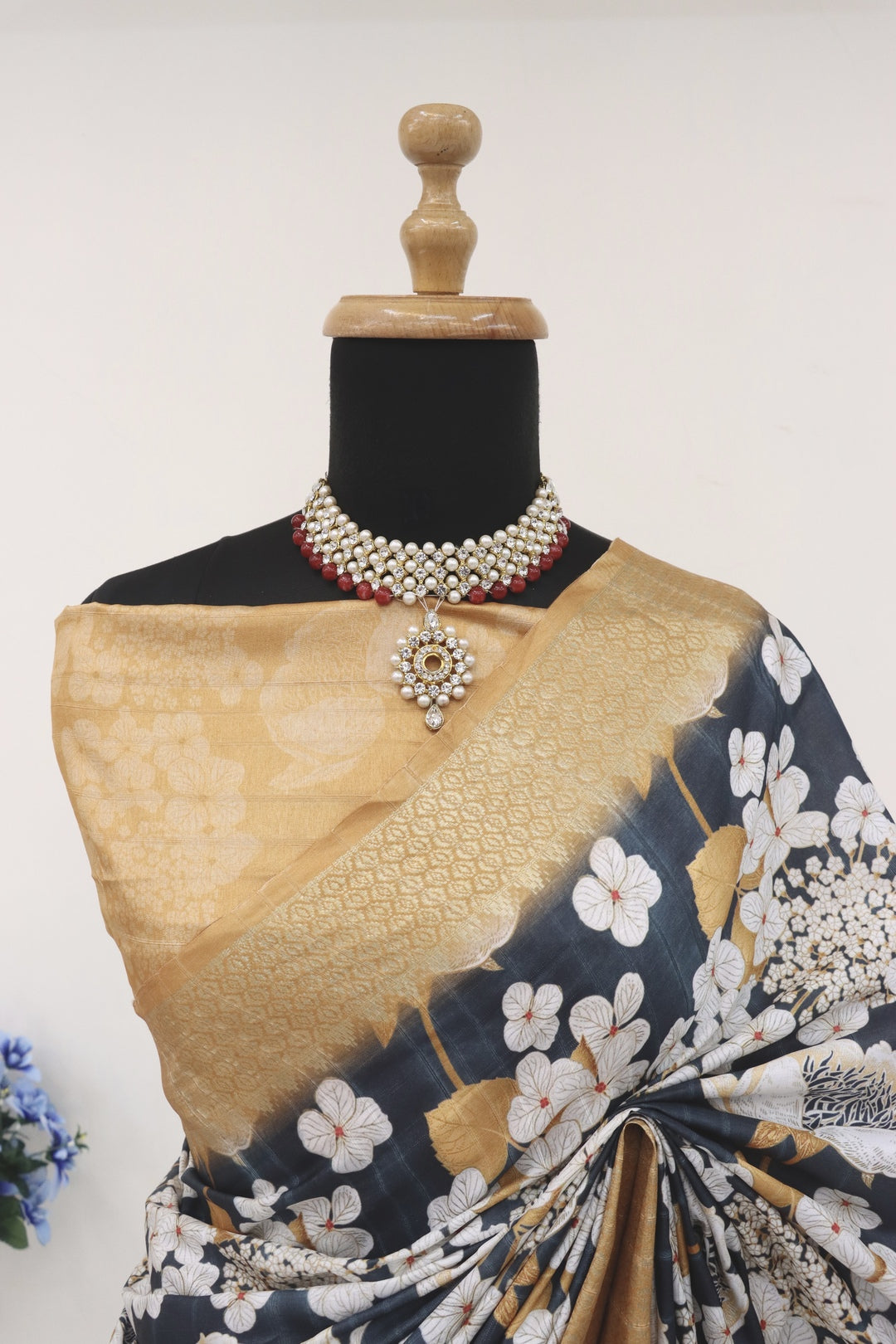 Gold and Black Printed Silk Saree