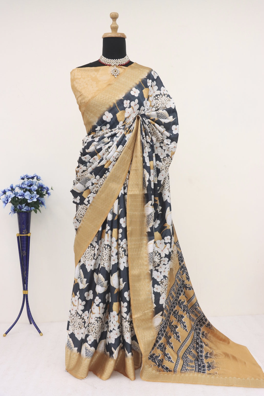 Gold and Black Printed Silk Saree