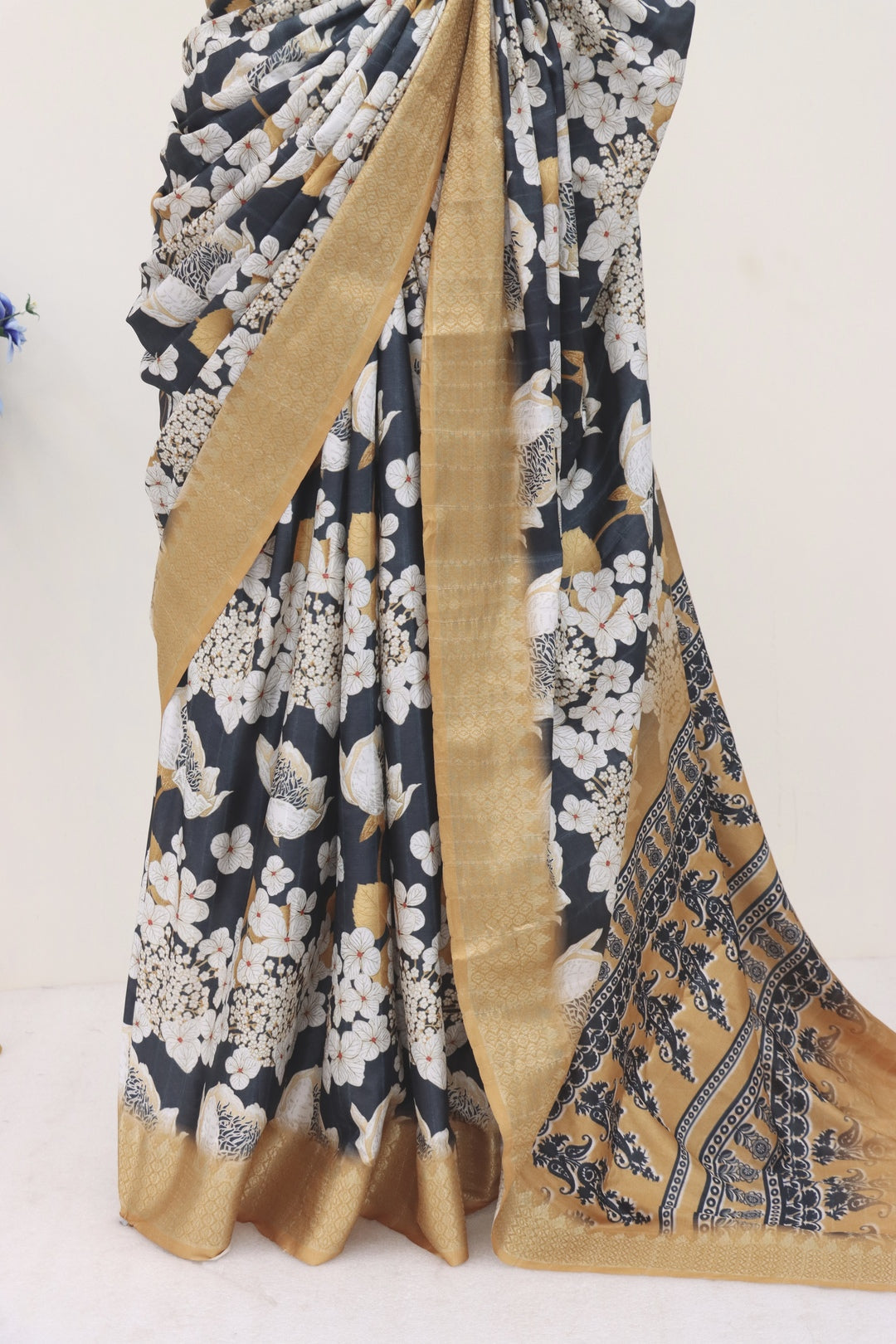 Gold and Black Printed Silk Saree