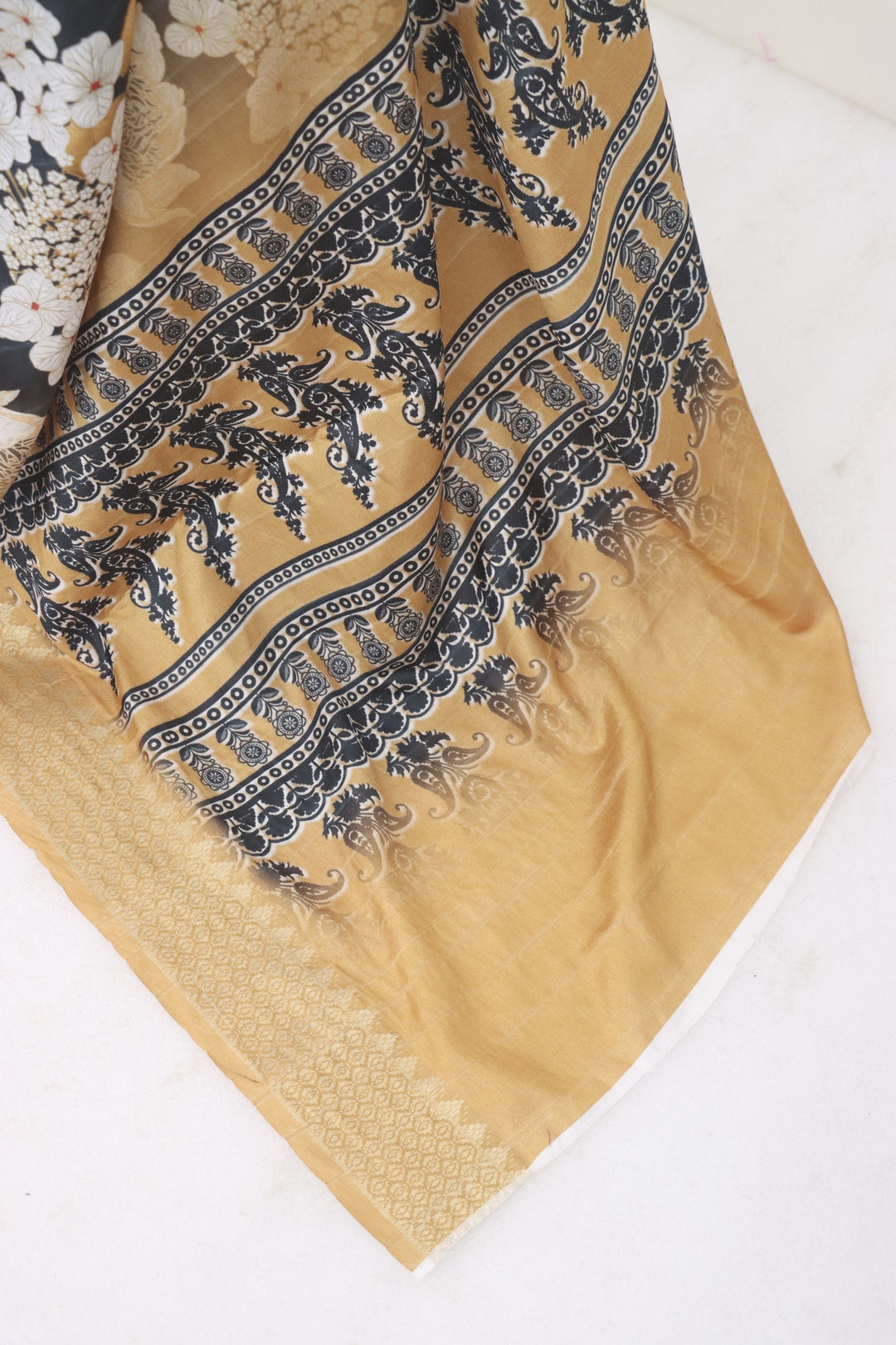 Gold and Black Printed Silk Saree