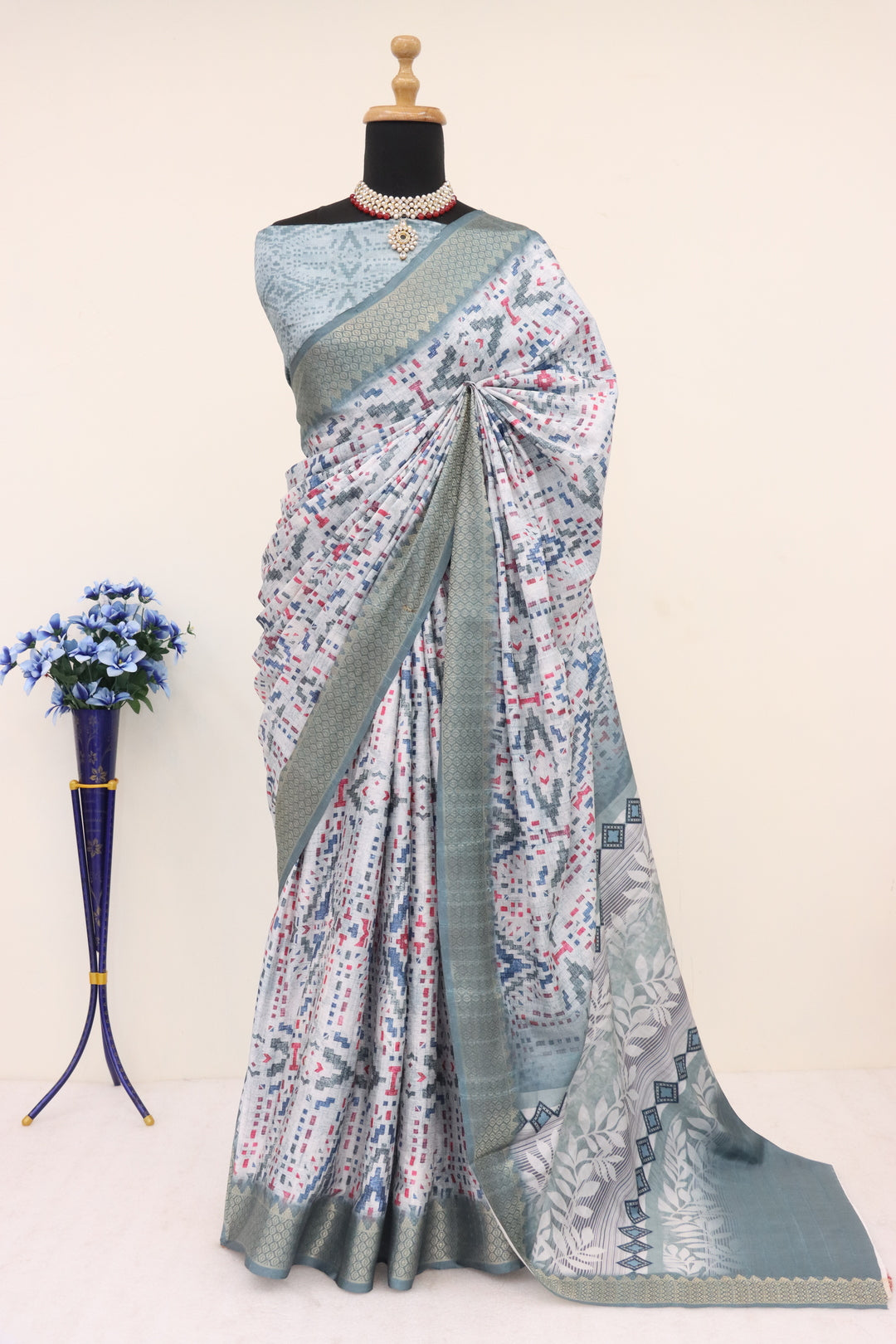 Grey Dola Silk Digitally Printed Saree Weaved With Attractive Lace Comes With Tassels