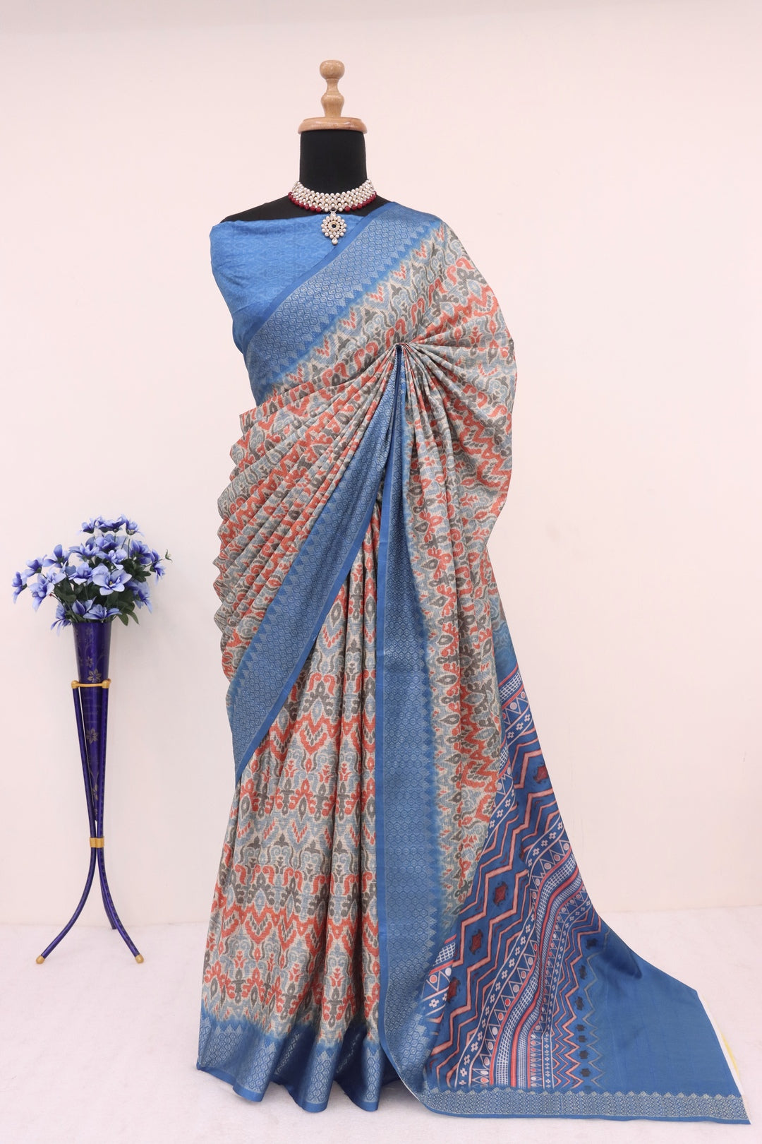 Blue Printed Silk Saree