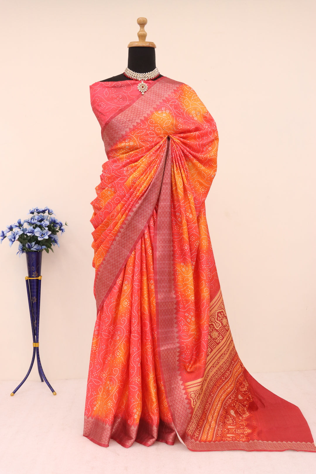 Reddish Orange Printed Saree