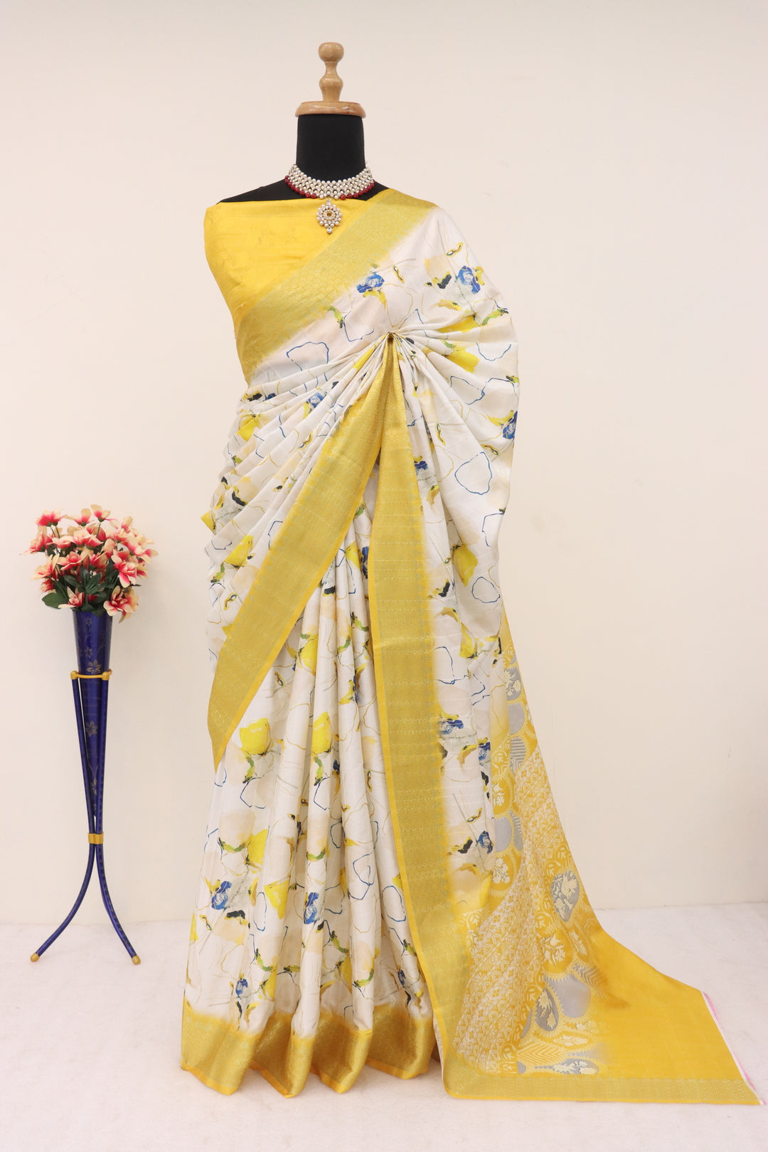 Lemon Yellow Printed Silk Saree