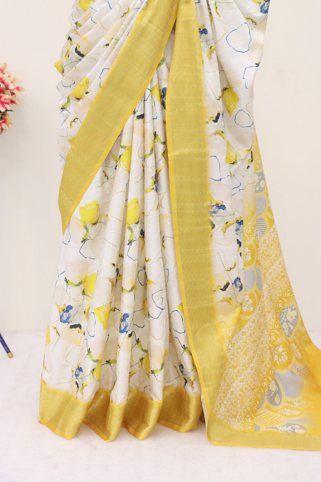 Lemon Yellow Printed Silk Saree