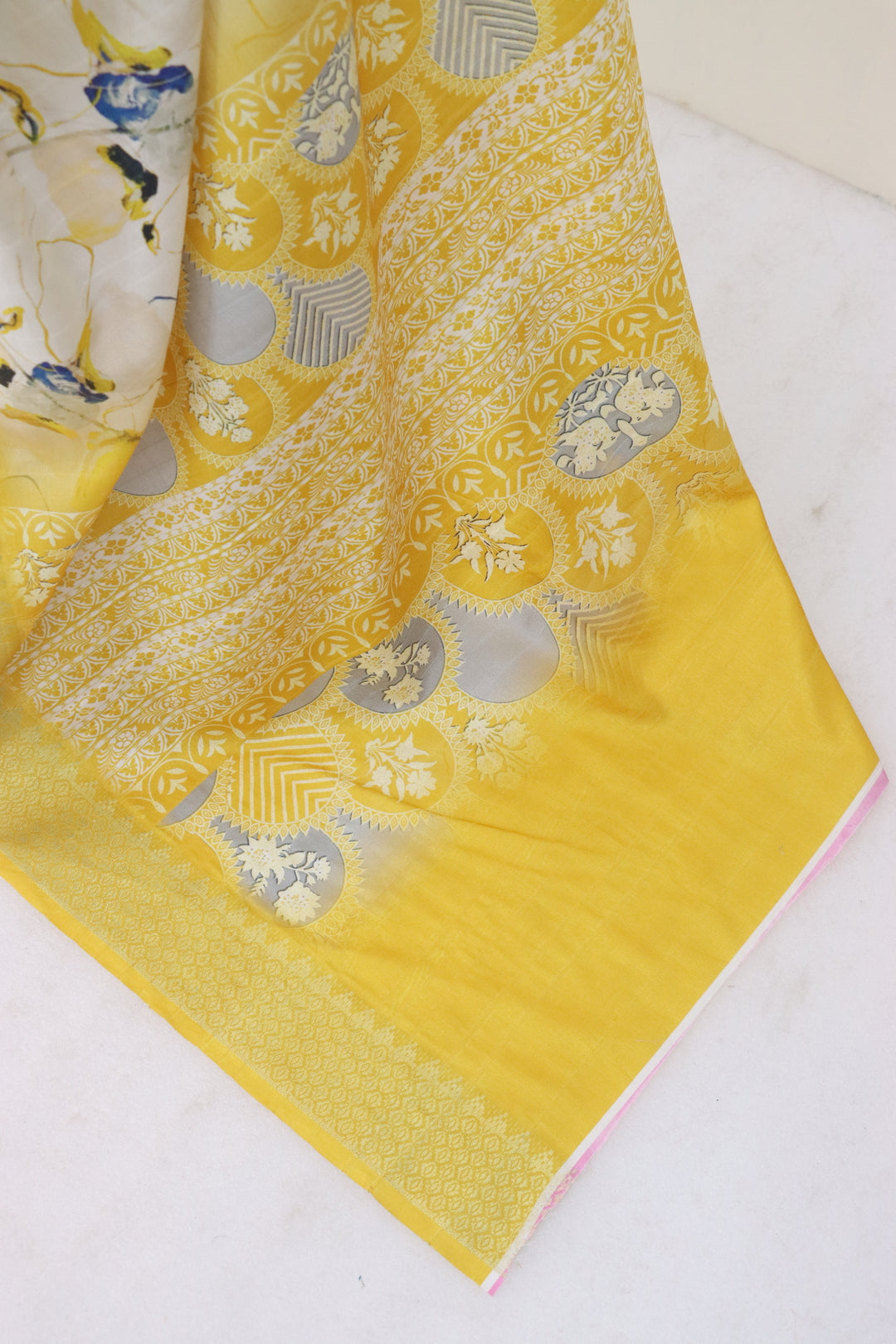 Lemon Yellow Printed Silk Saree