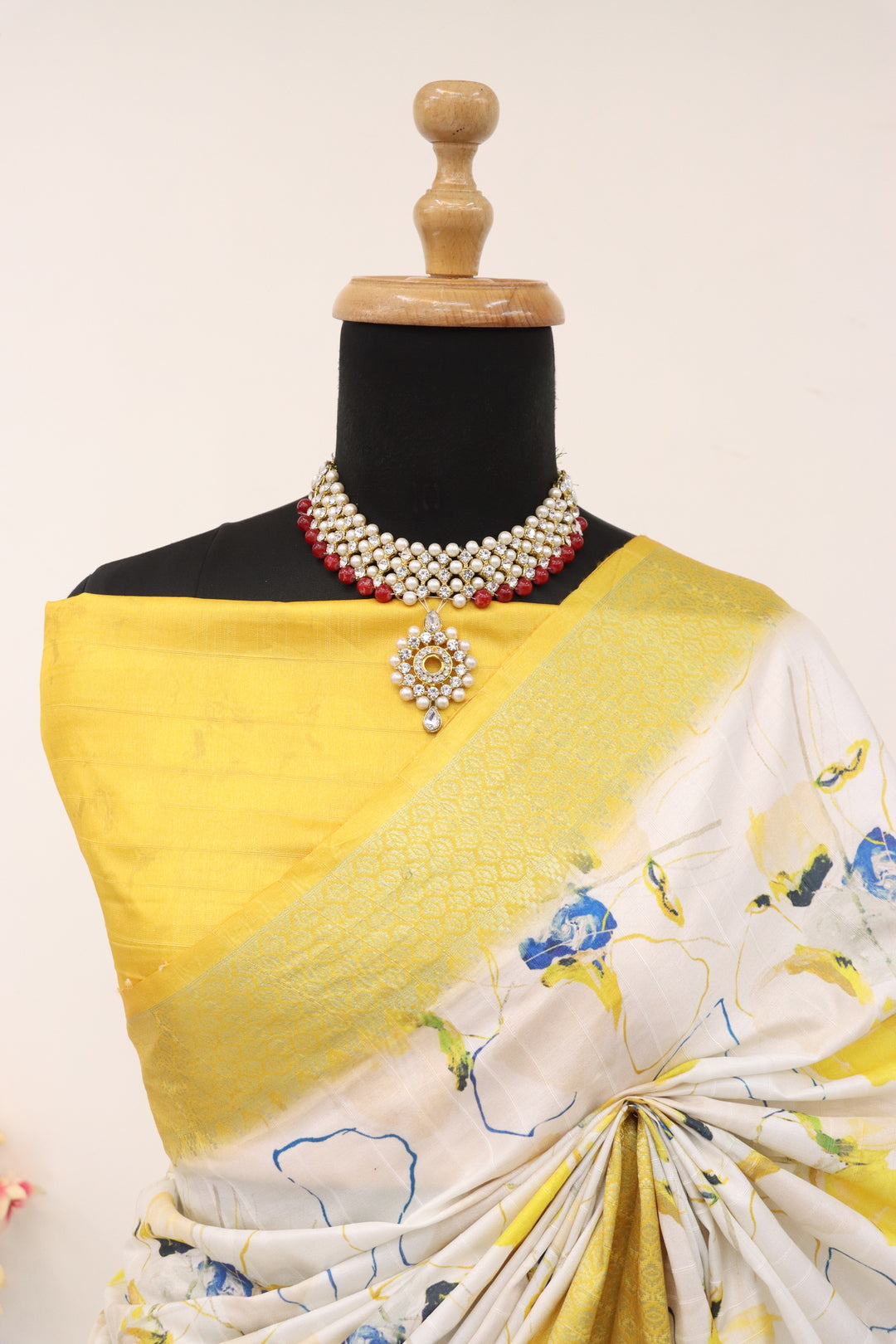 Lemon Yellow Printed Silk Saree