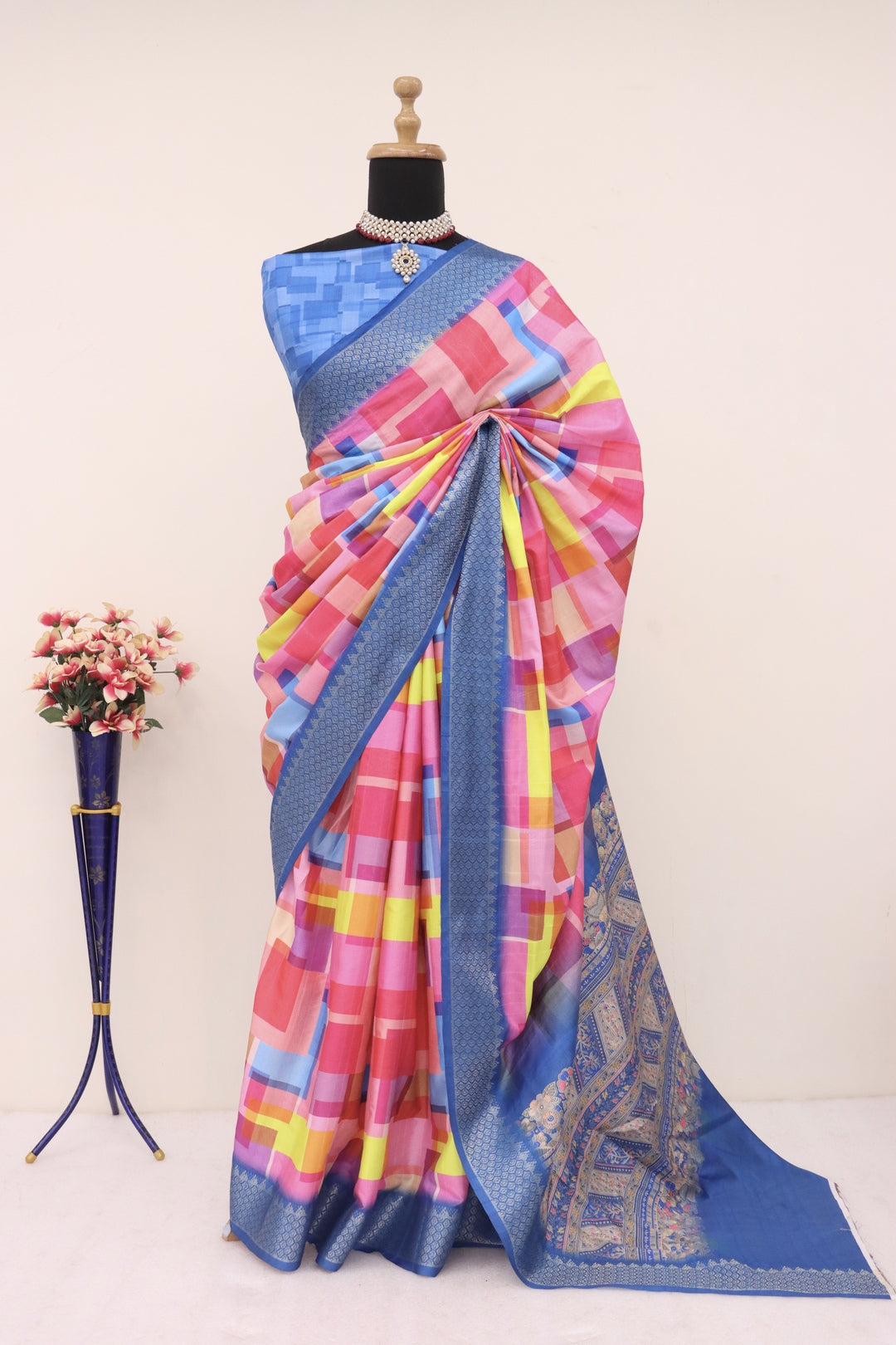 Pink and Blue Printed Silk Saree