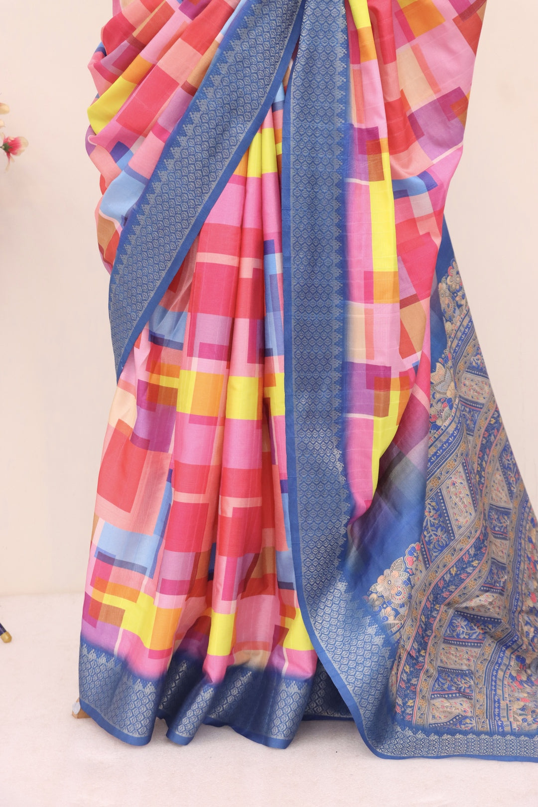 Pink and Blue Printed Silk Saree