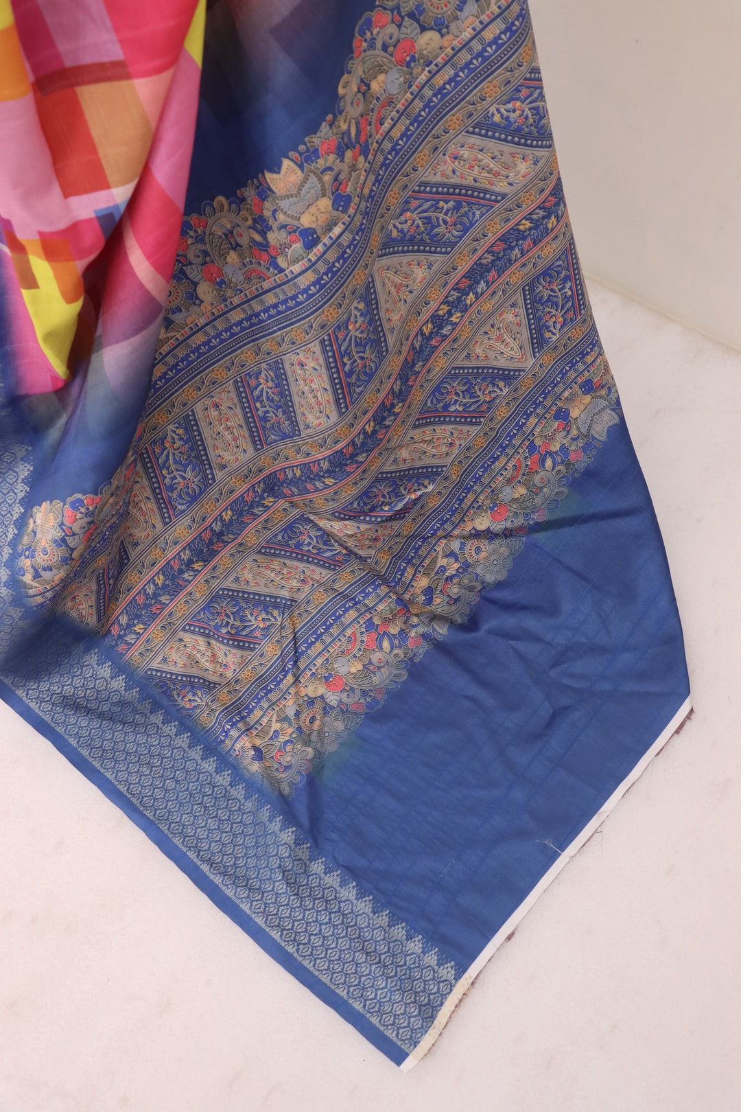 Pink and Blue Printed Silk Saree