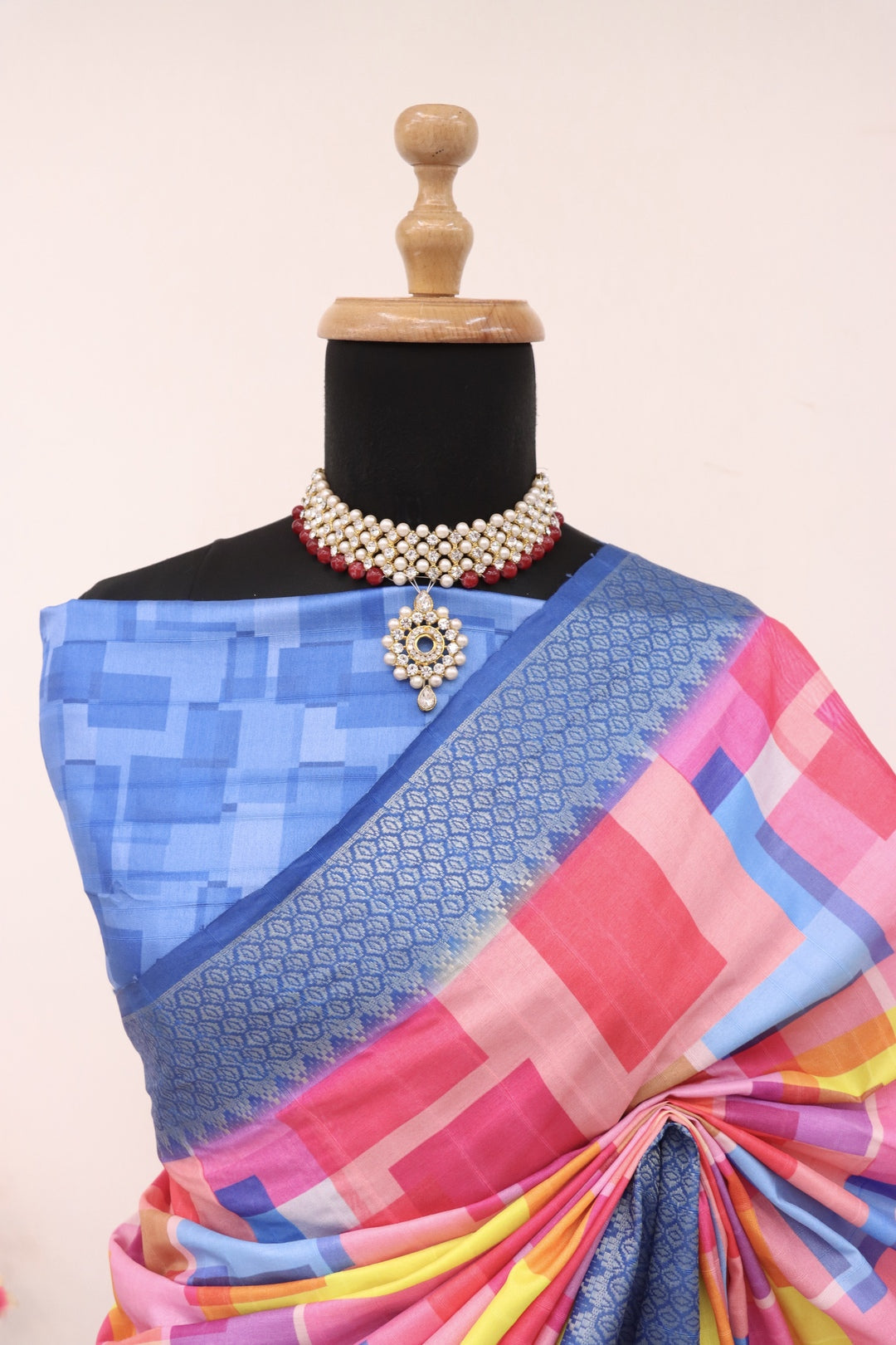 Pink and Blue Printed Silk Saree