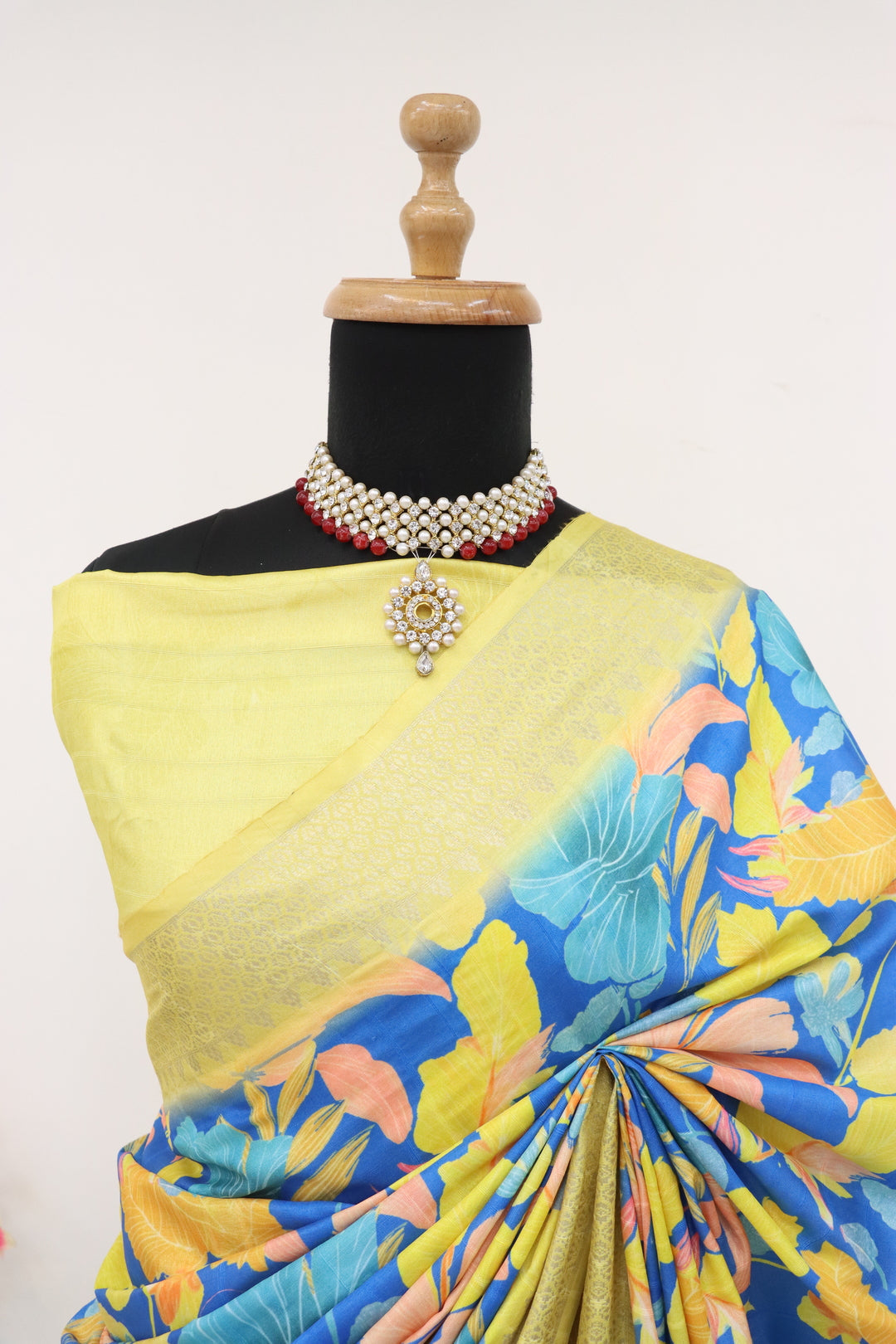 Light Yellow Printed Silk Saree