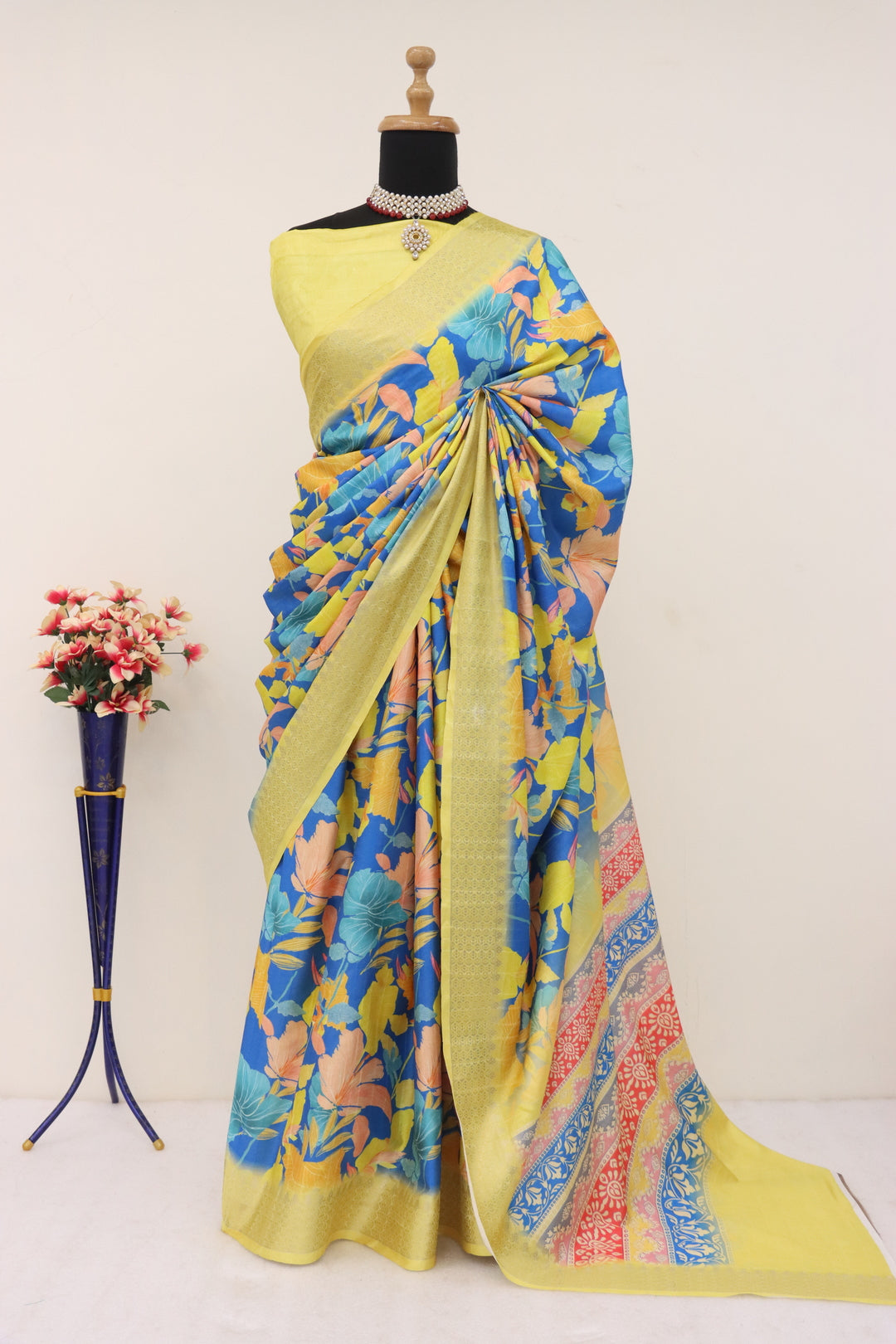 Light Yellow Printed Silk Saree