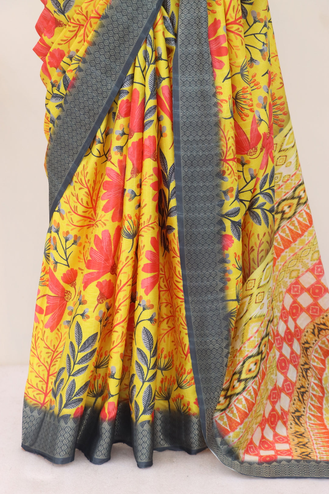 Floral Yellow Printed Silk Saree