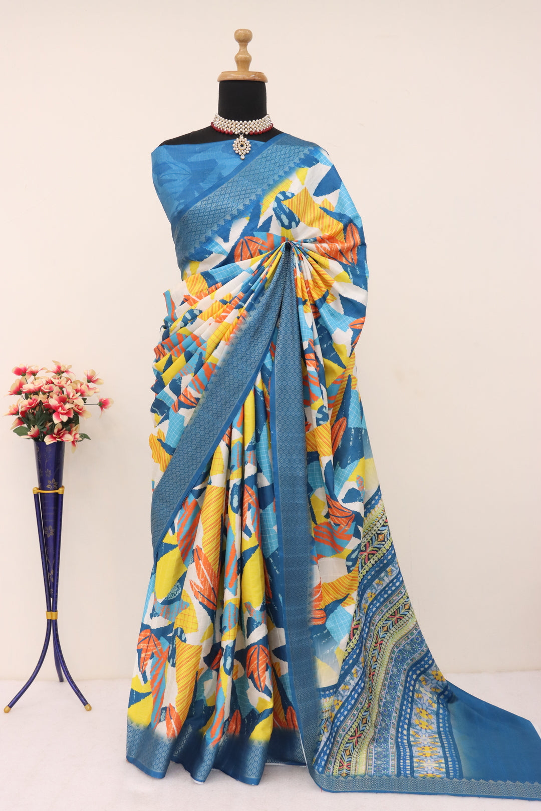 Yellow and Ocean Blue Silk Saree