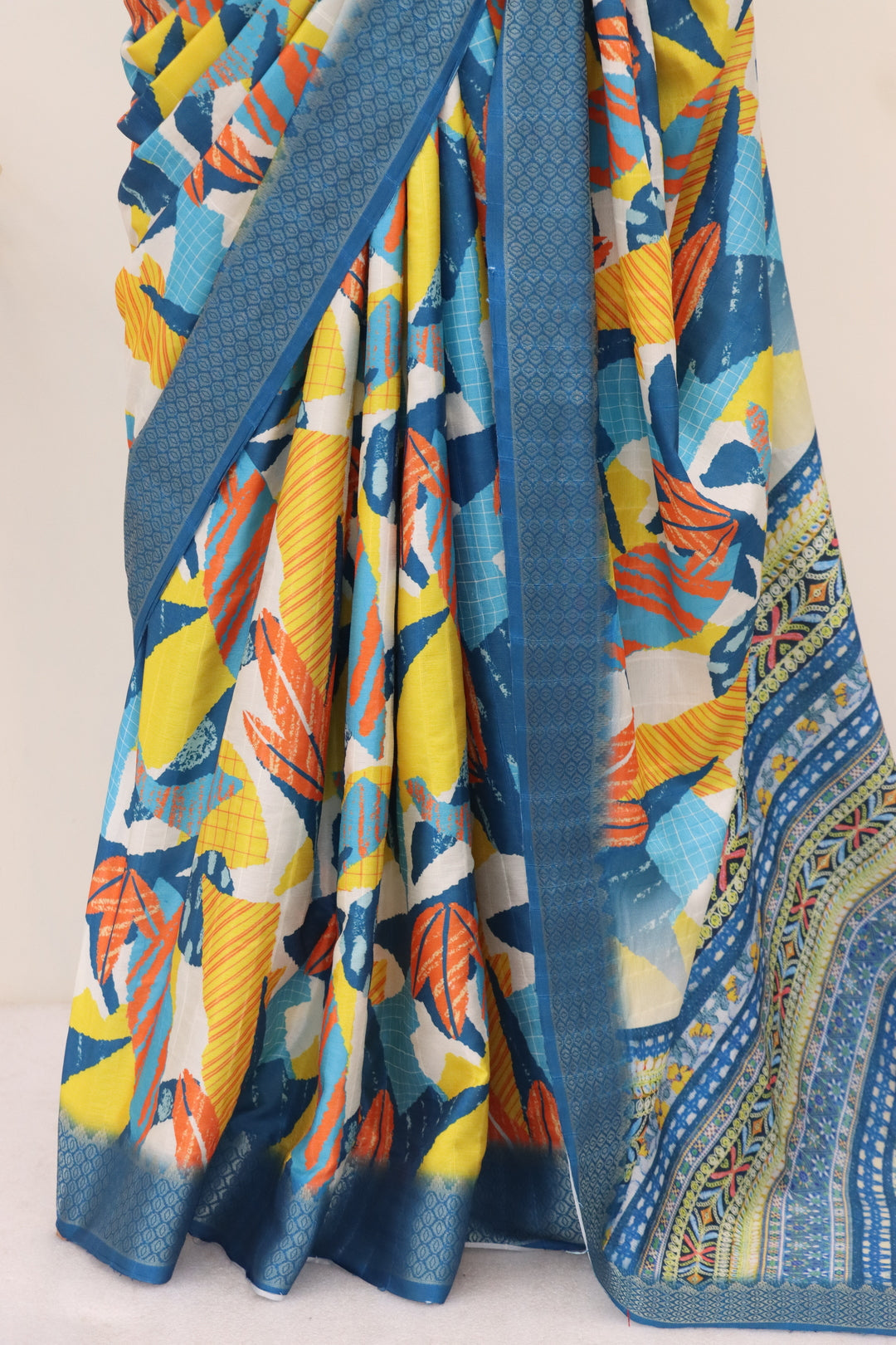 Yellow and Ocean Blue Silk Saree