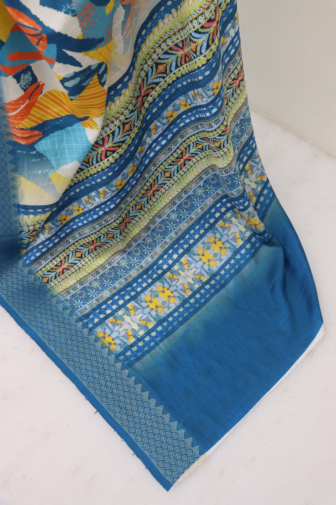 Yellow and Ocean Blue Silk Saree