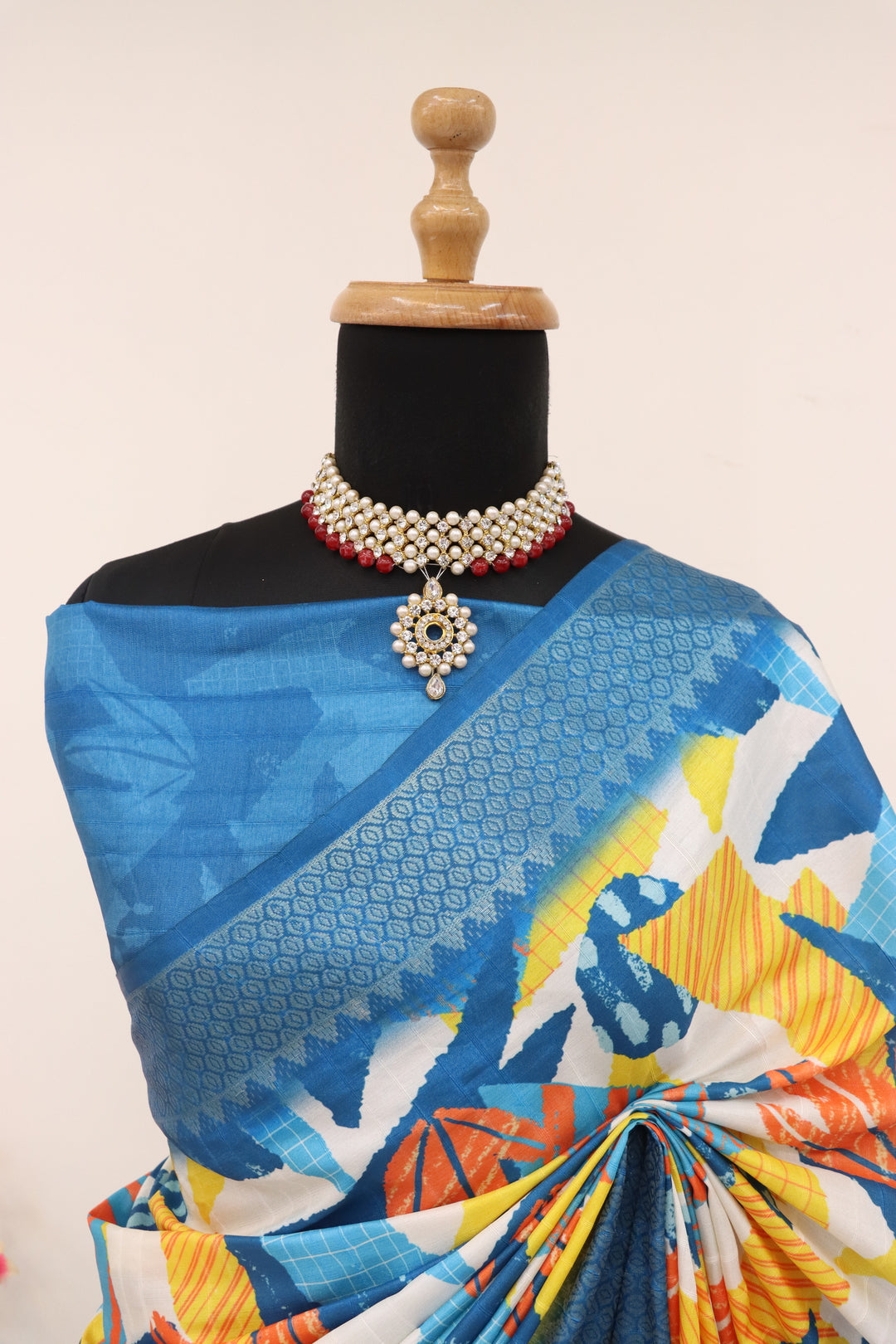 Yellow and Ocean Blue Silk Saree