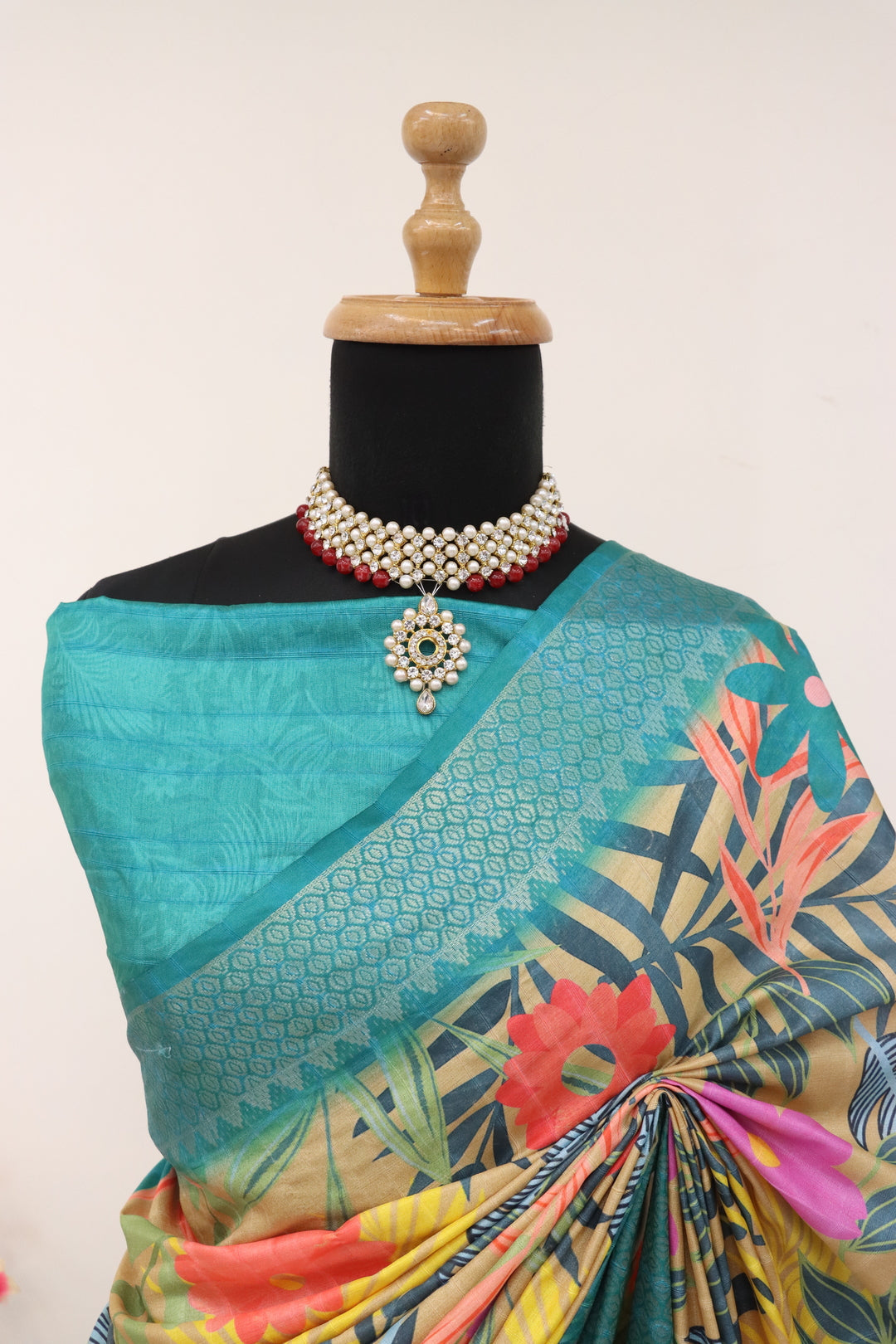 Teal Blue Printed Silk Saree