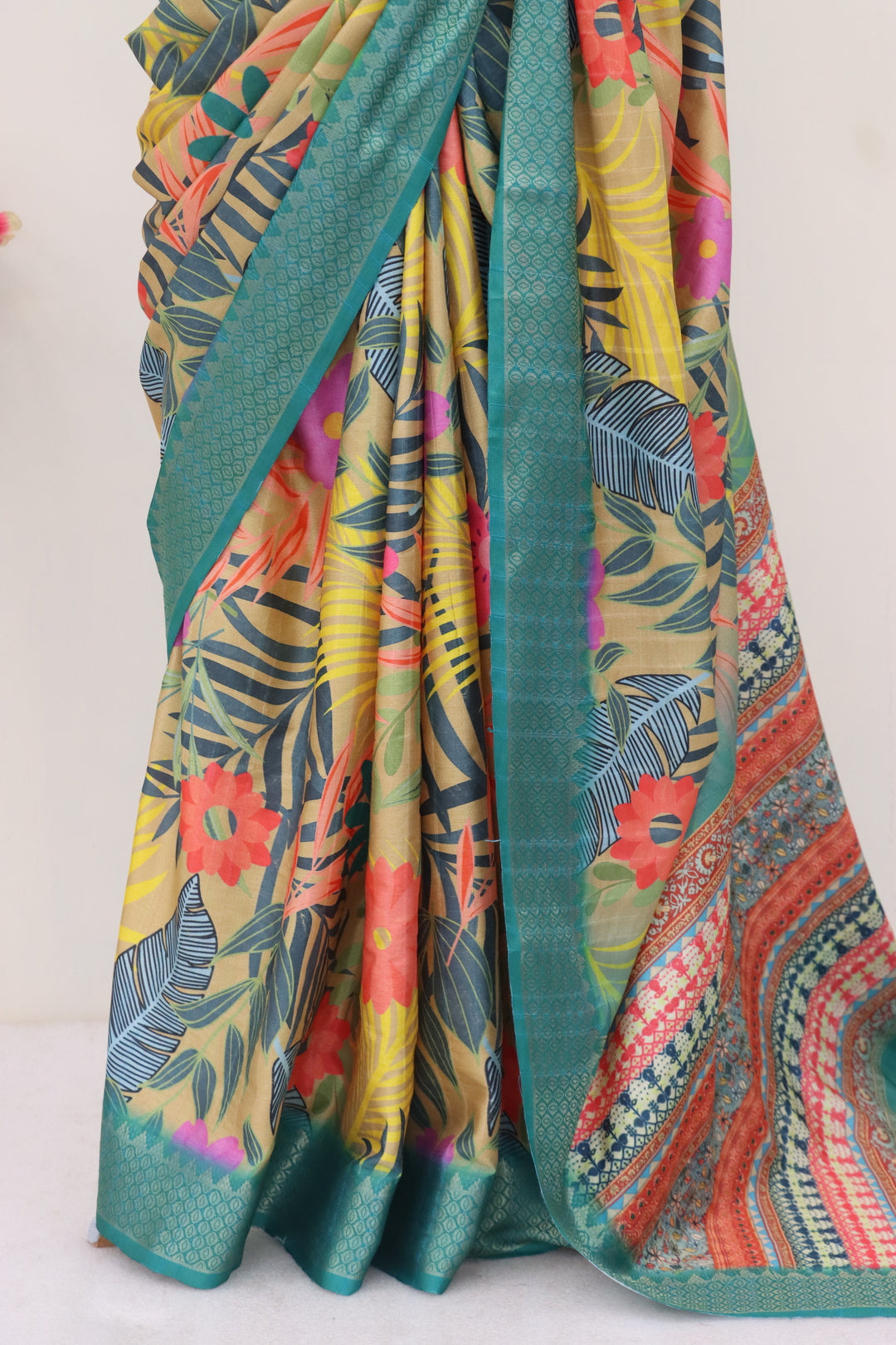 Teal Blue Printed Silk Saree