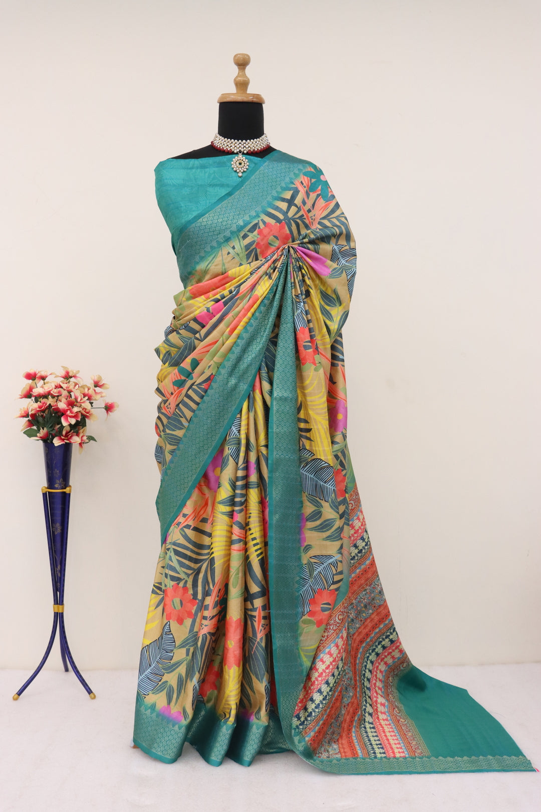 Teal Blue Printed Silk Saree