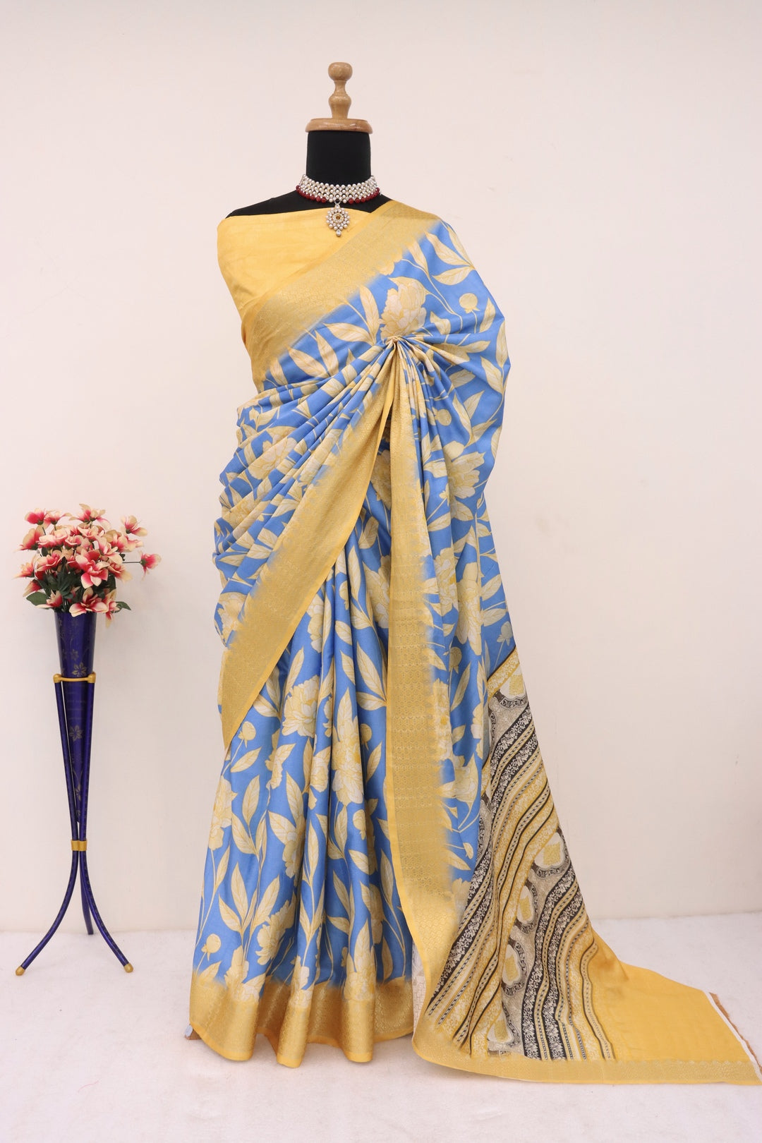 Mustard Yellow and Blue Combination Saree