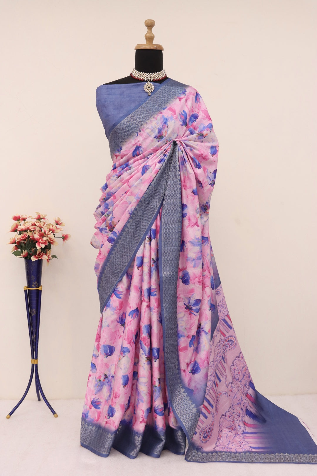 Floral Print Pink and Purple Combination Silk Saree