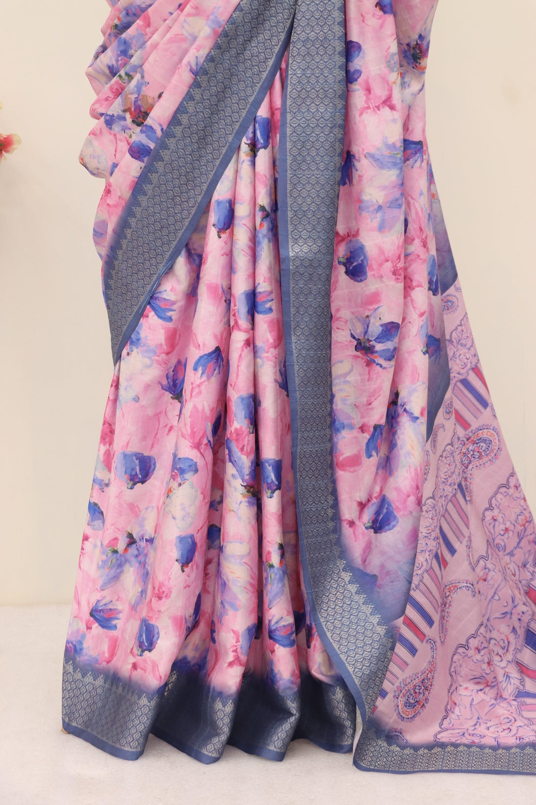 Floral Print Pink and Purple Combination Silk Saree