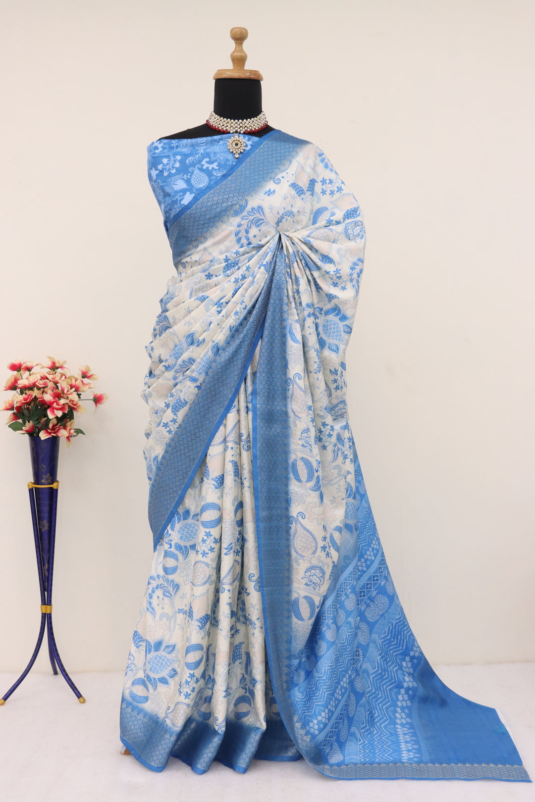 Blue Printed Silk Saree