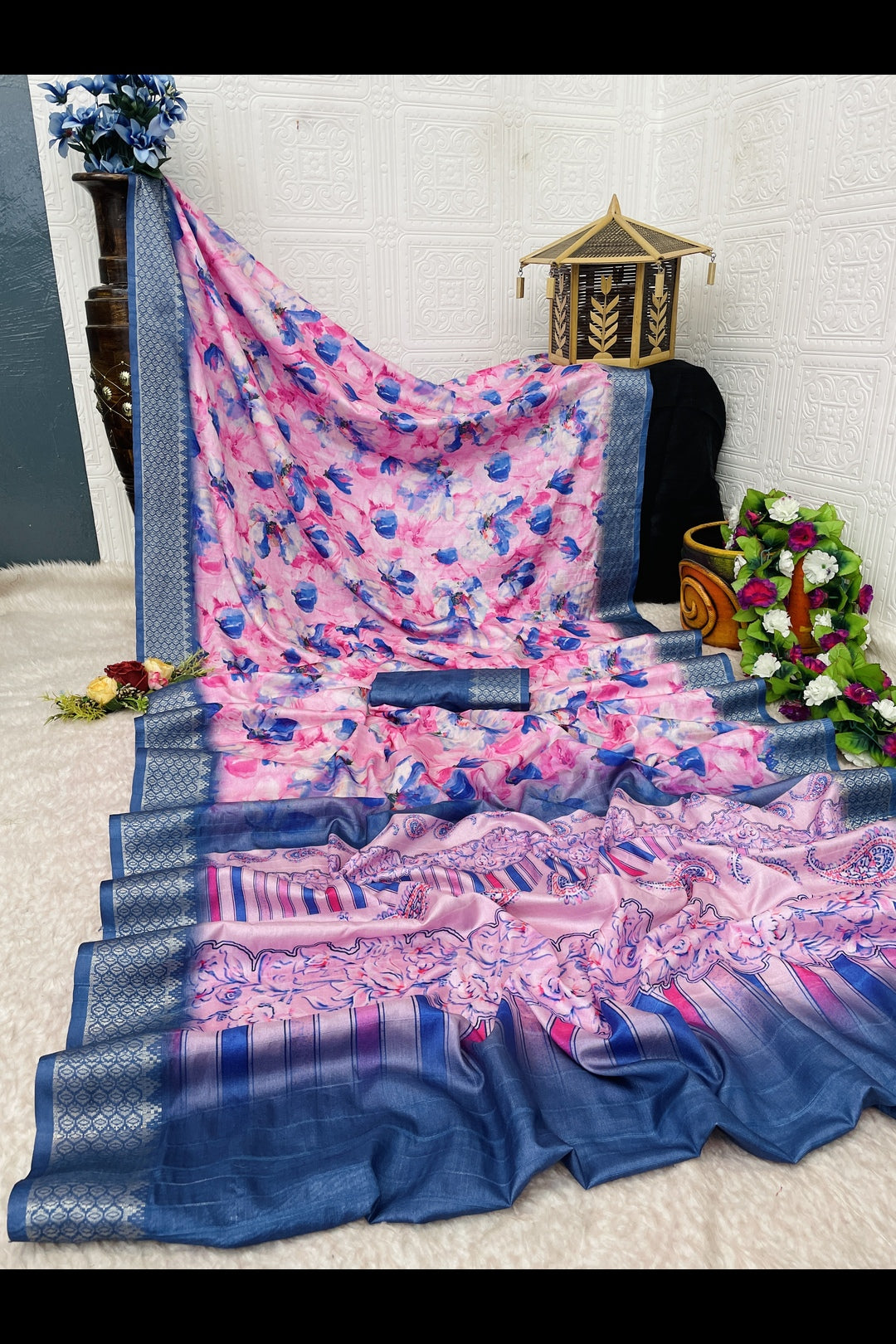 Floral Print Pink and Purple Combination Silk Saree