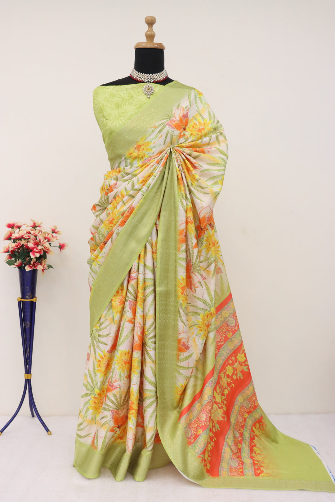 Yellow Green silk saree