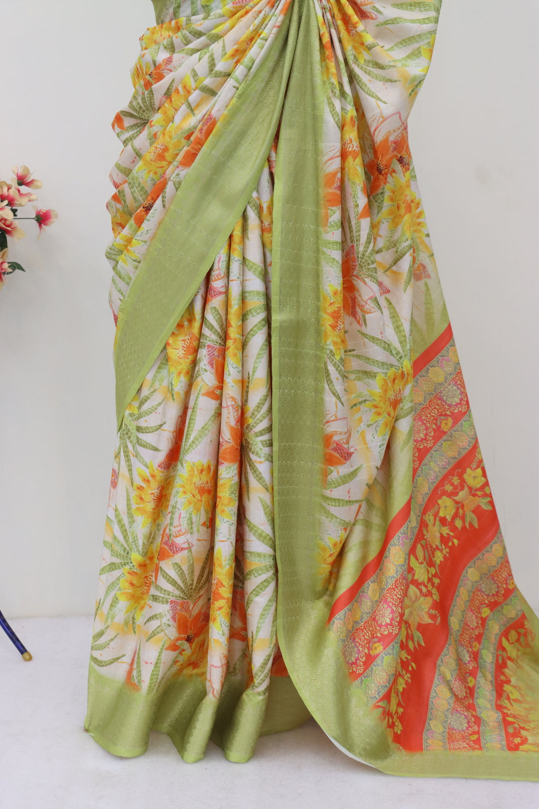 Yellow Green silk saree