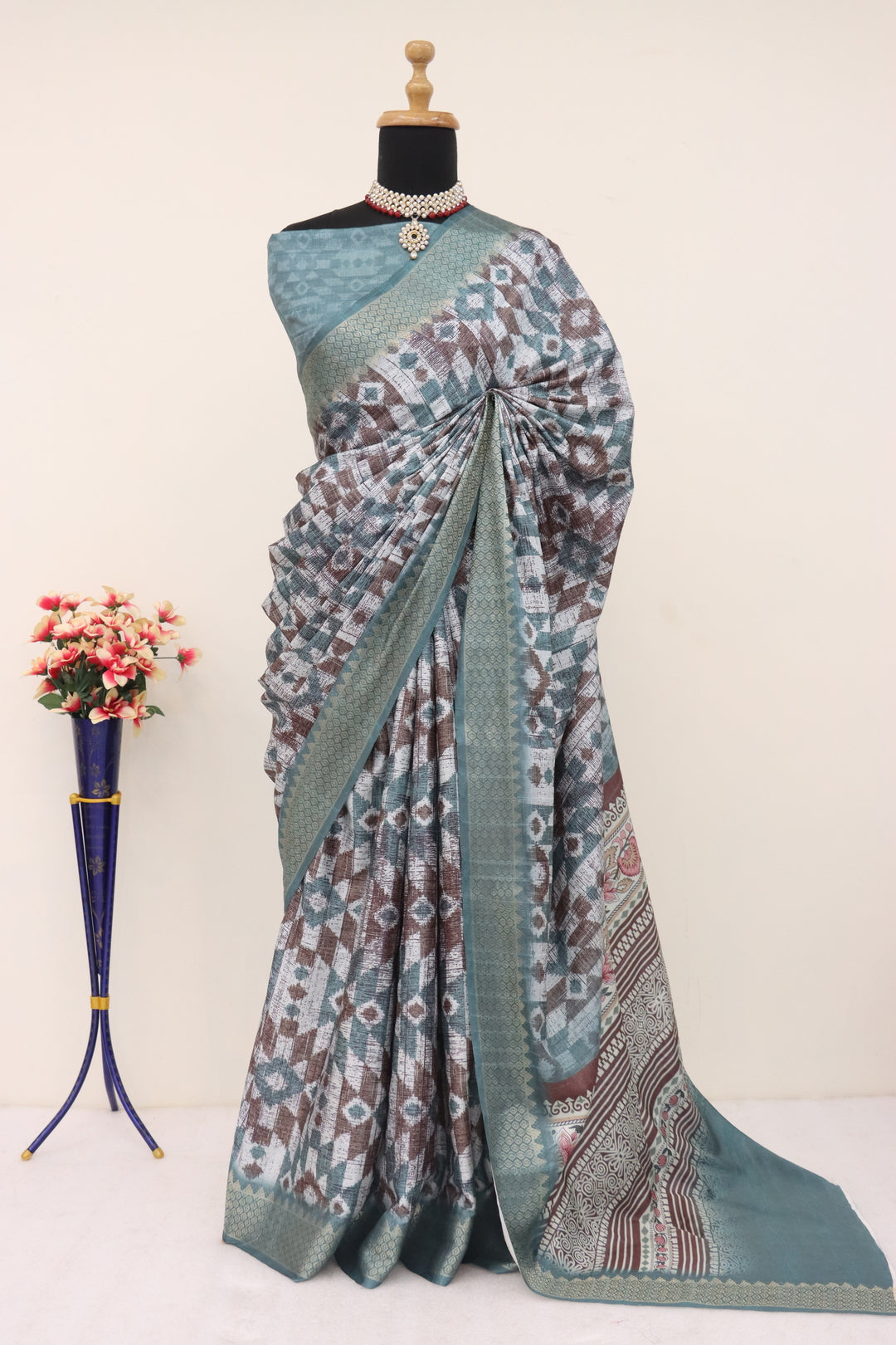 Brown and Green Printed Silk Saree