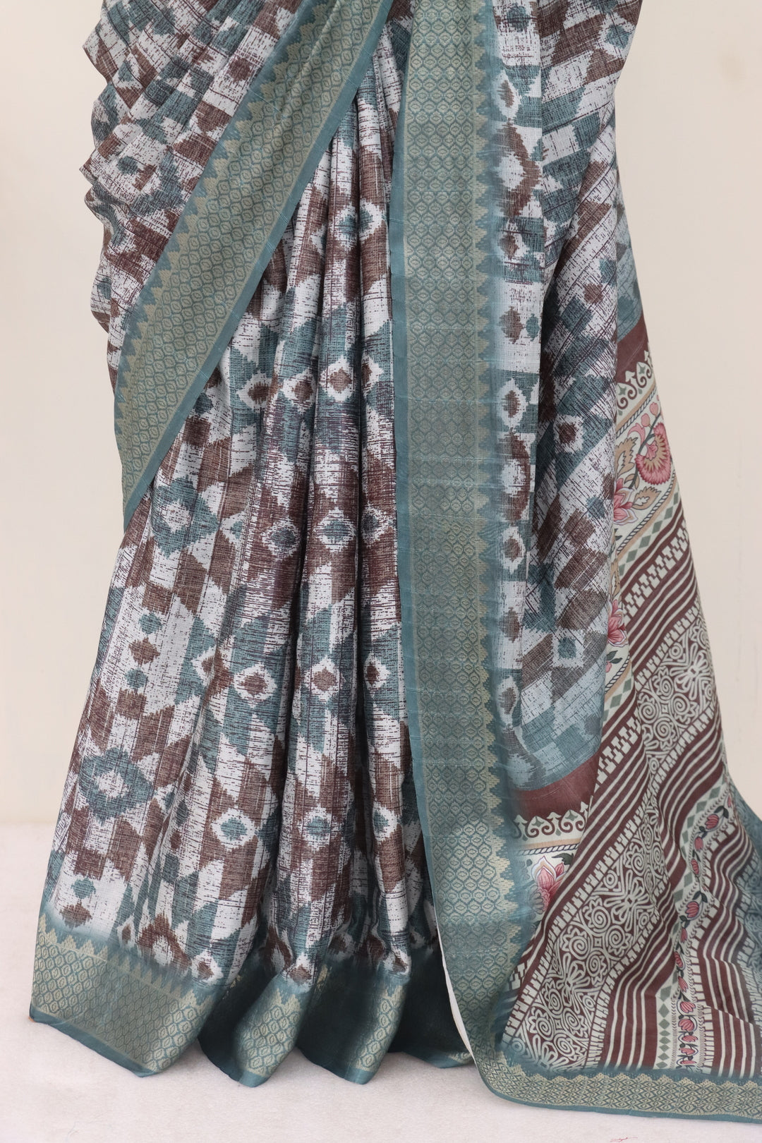 Brown and Green Printed Silk Saree